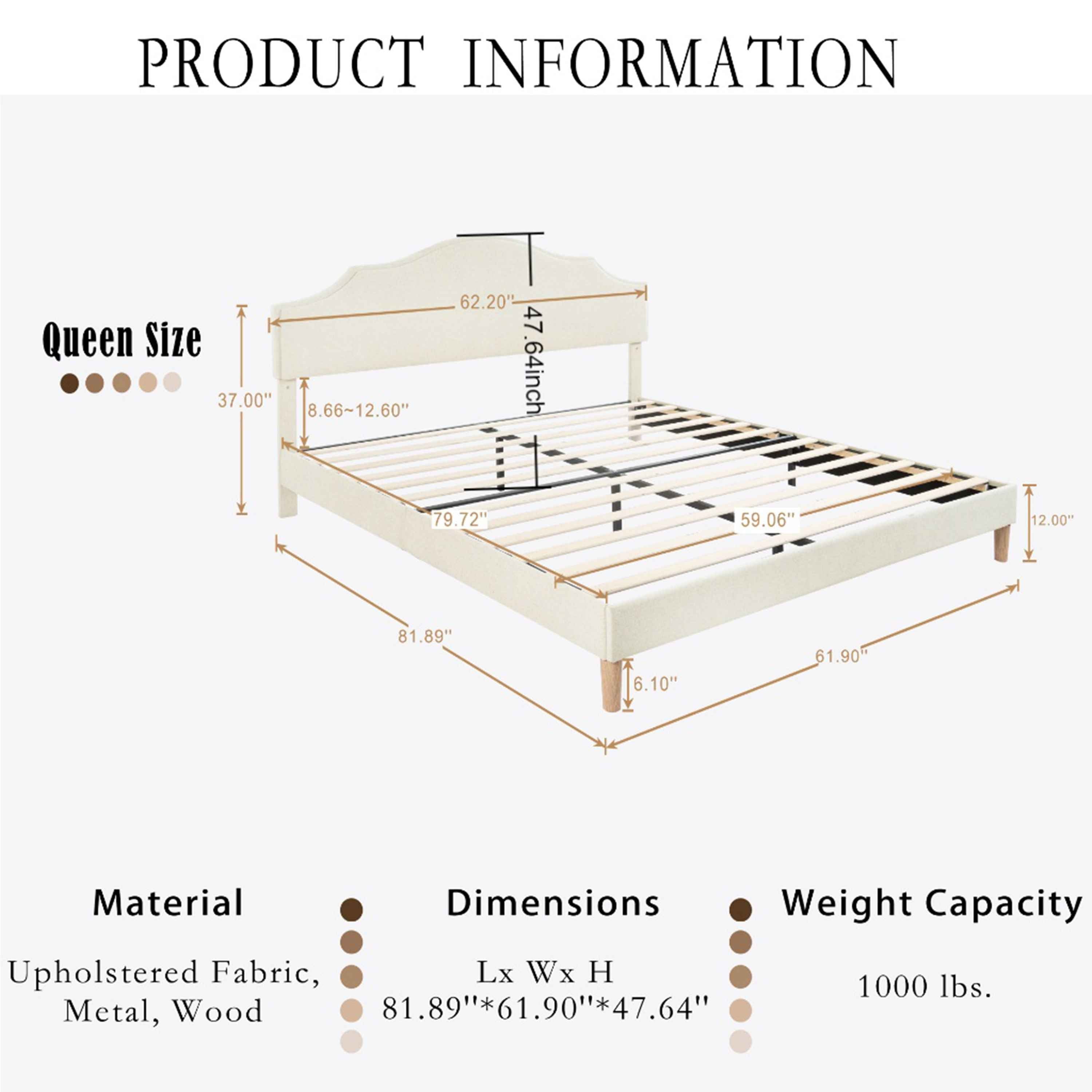 Queen Size Bed Frame Upholstered Platform Bed with Adjustable Headboard,Linen Fabric Padded,Modern Simple Style Platform Bed No Box Spring Needed, Easy Assembly, Beige