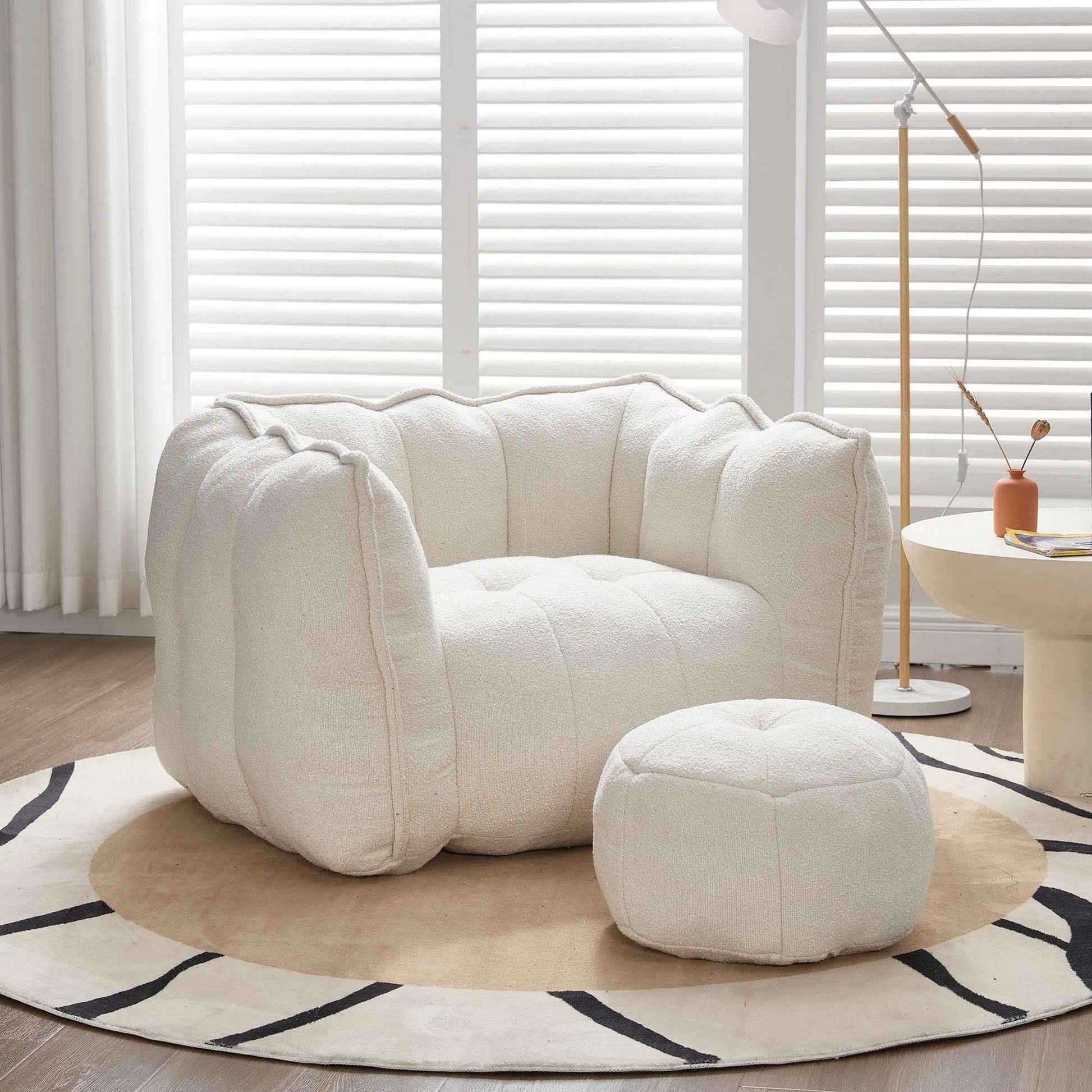 Soft Chenille Bean Bag Chair with High Resilient Foam for Living Room and Bedroom, Comfortable Square Lazy Sofa with Footstool for Adults