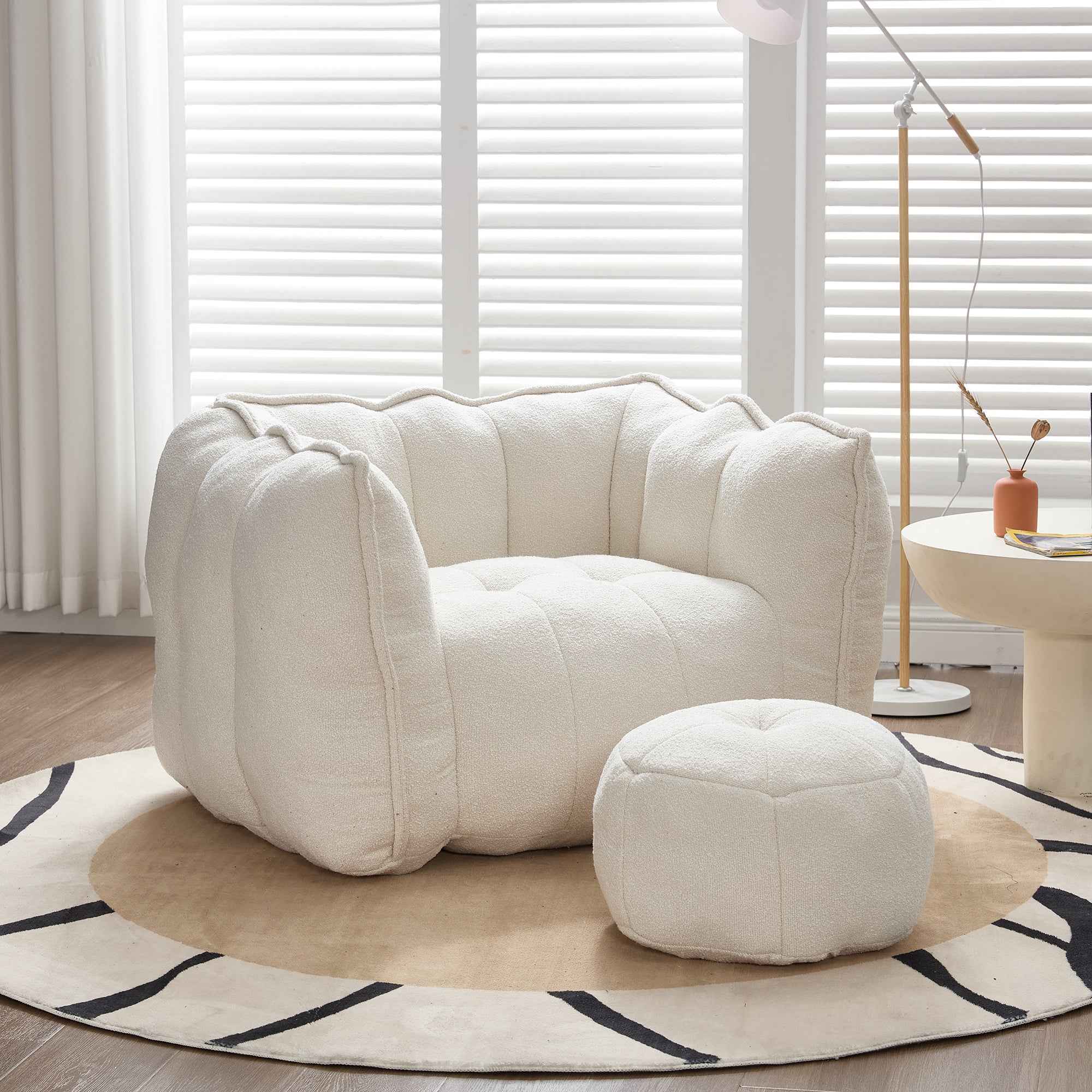 Soft Chenille Bean Bag Chair with High Resilient Foam for Living Room and Bedroom, Comfortable Square Lazy Sofa with Footstool for Adults