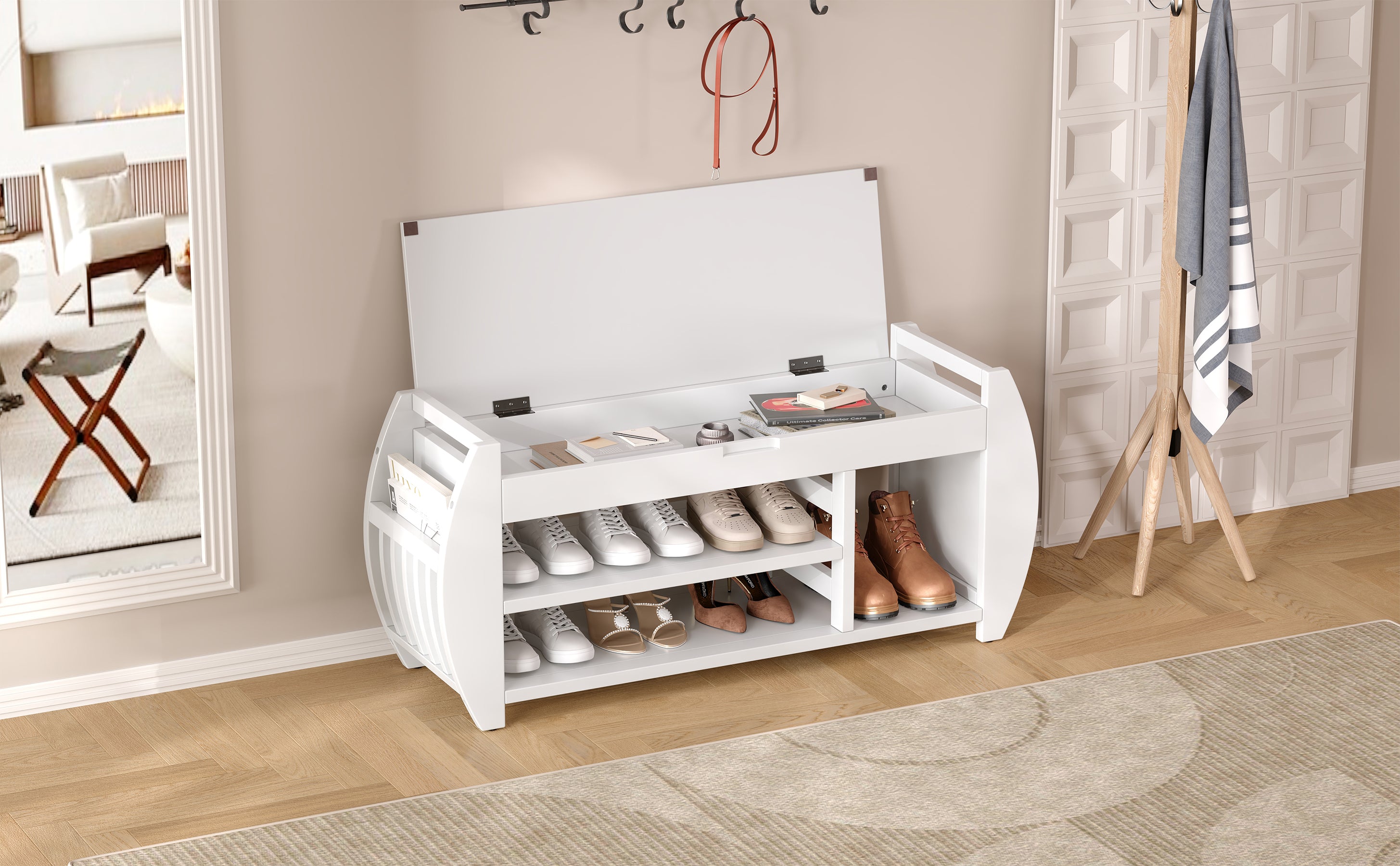 TREXM Retro Multifunctional Storage Bench with Cushion and Curved Side Panel for Entrance and Living Room (Antique White)