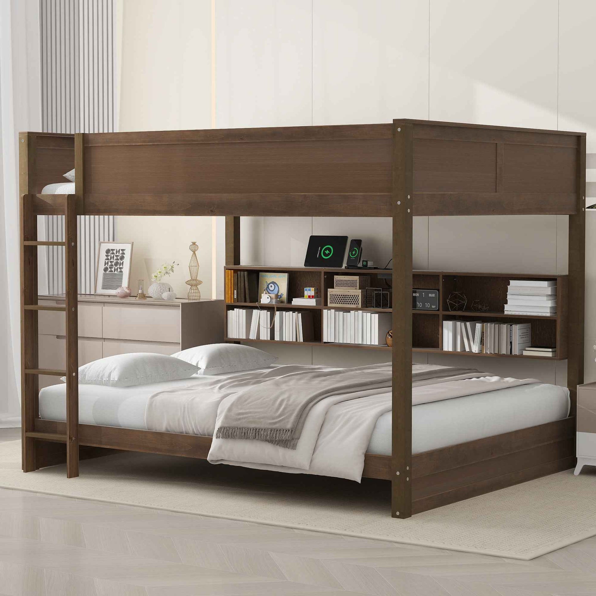 Queen over Queen Bunk Bed with Storage Cabinets and USB Ports in Antique Wood Color, Solid Pine Wood+MDF