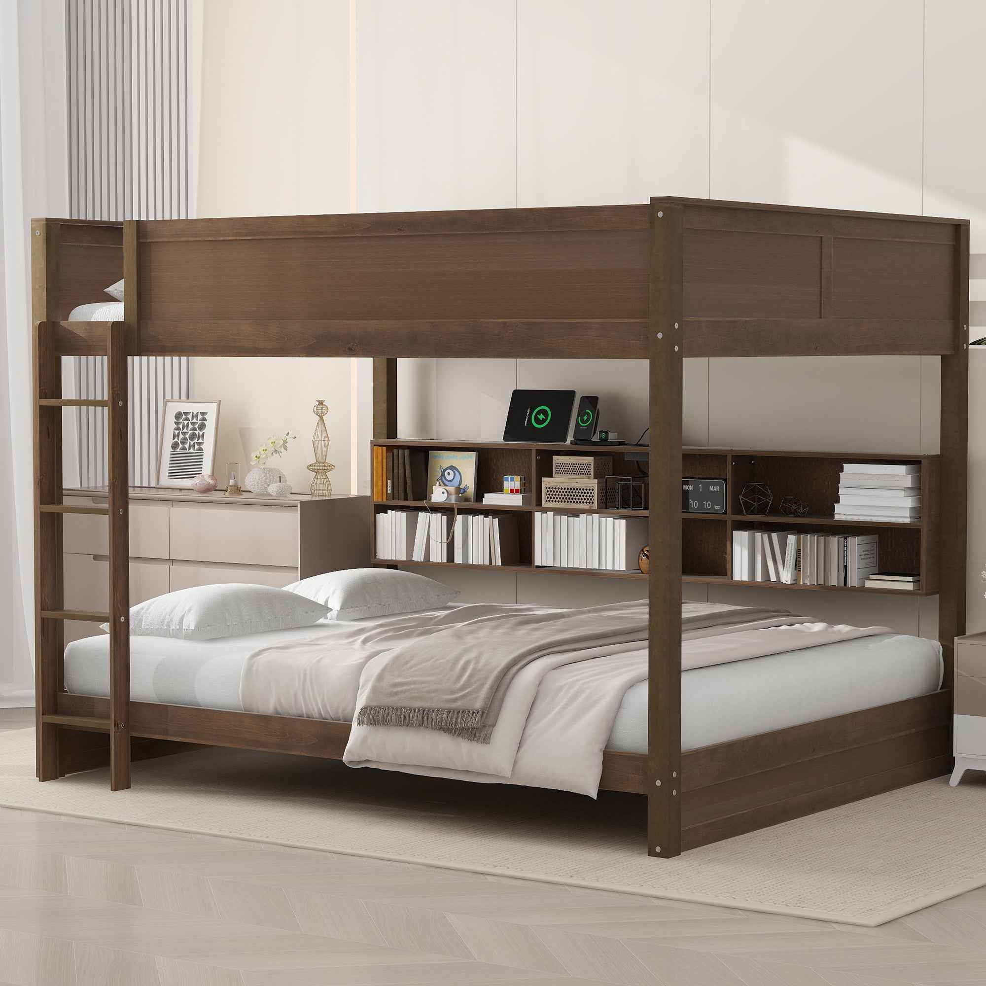 Queen over Queen Bunk Bed with Storage Cabinets and USB Ports in Antique Wood Color, Solid Pine Wood+MDF
