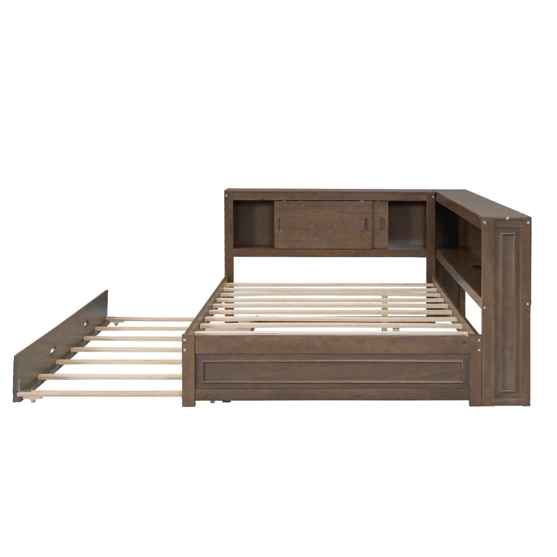 Full Size Wood Daybed with Storage Shelves, USB, LED, and Trundle in Antique Wood Color, Solid Pine Wood+MDF, 86.2''L x 65.7''W x 37.7''H