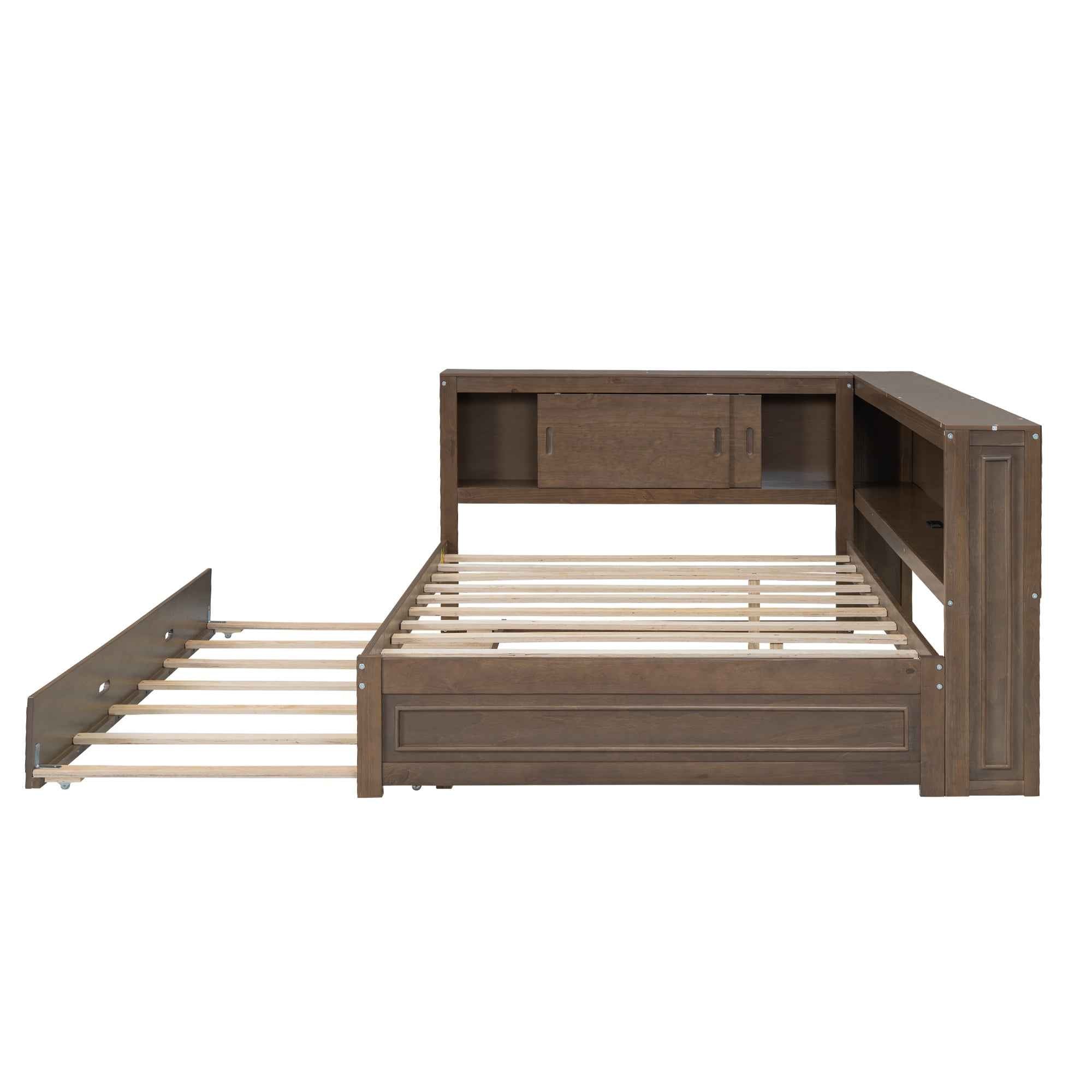 Full Size Wood Daybed with Storage Shelves, USB, LED, and Trundle in Antique Wood Color, Solid Pine Wood+MDF, 86.2''L x 65.7''W x 37.7''H