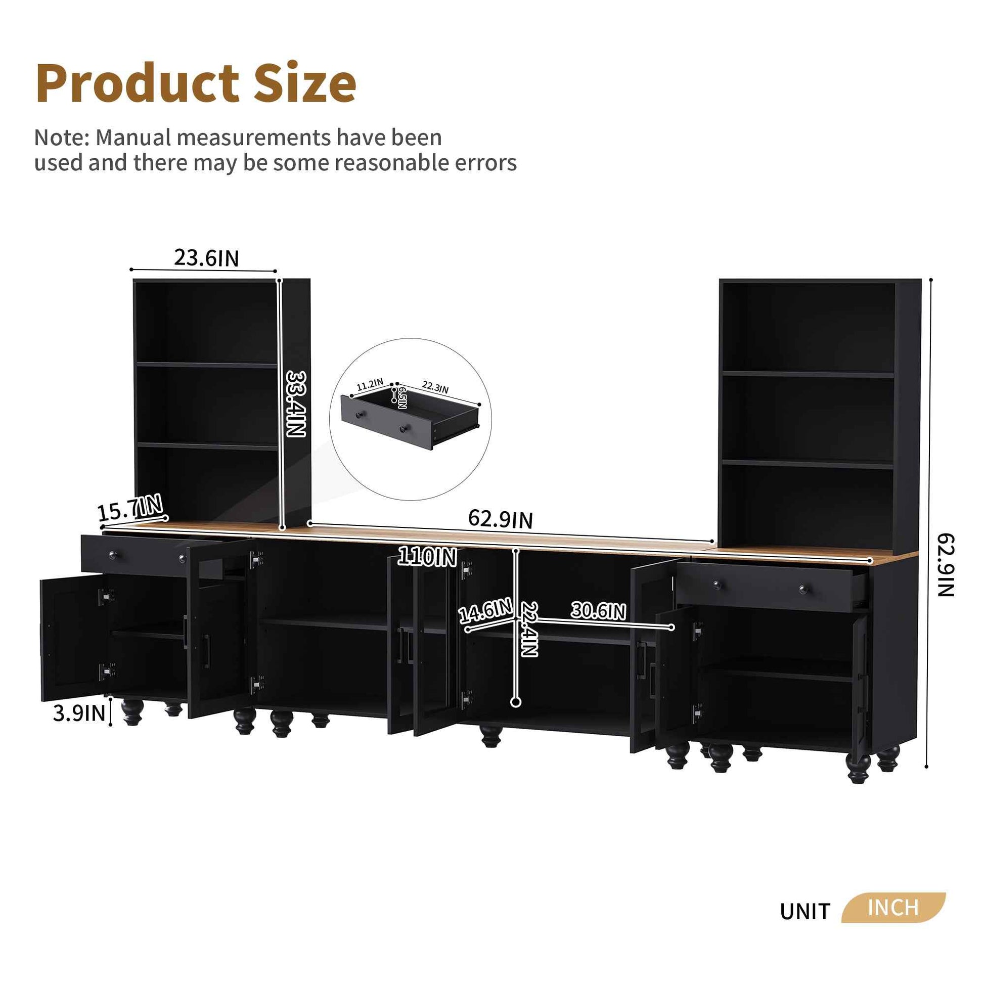 Farmhouse TV Stand with Solid Wood Gourd-Shaped Legs for TVs Up to 70', Entertainment Center with Bookshelves & Tempered Glass Doors, Media Console with Adjustable Shelves, Living Room, Black