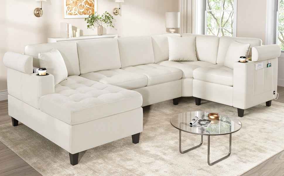 Modern U-shaped Sectional Sofa 115.7' with Built-in Cup Holders, Storage, USB Ports in Beige Chenille Fabric