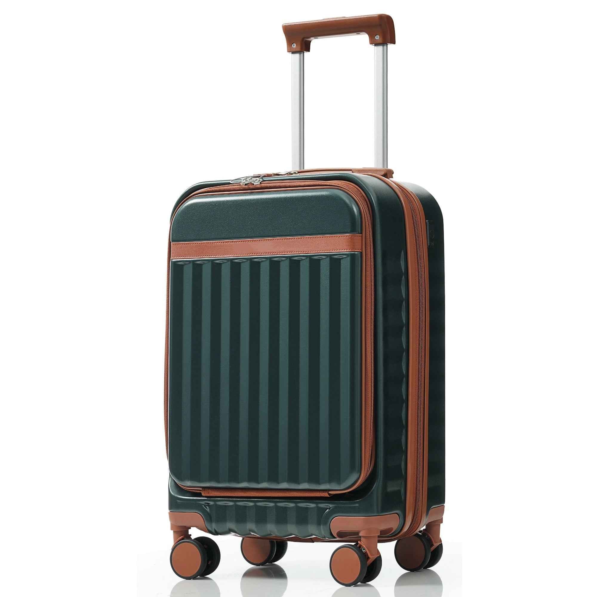 Luggage Set of 3, 20inch with USB Port, front opening design Airline Certified Carry on Luggage, ABS Hard Shell Luggage with Spinner Wheels,Dark Green