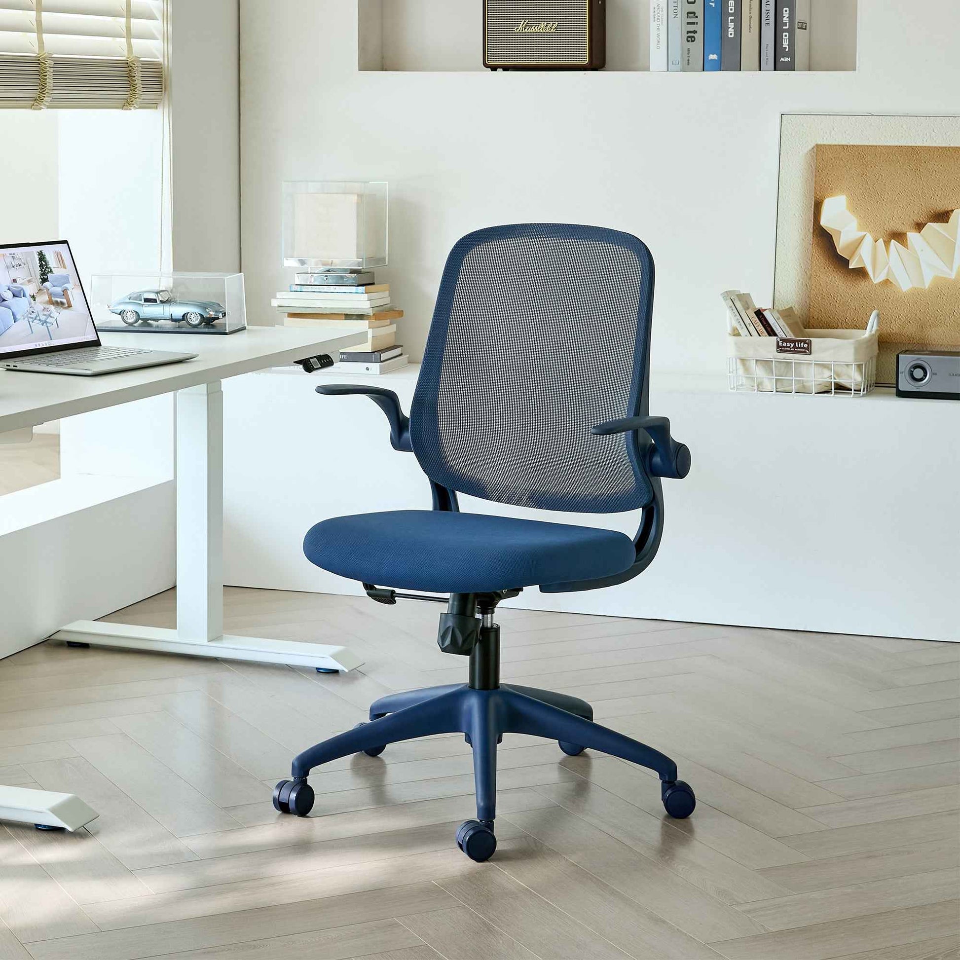 Ergonomic Color Office Chair 350LBS, Home Office, Mesh Back, Integrated Molded Foam, Comfortable Sitting, Flipping Armrest, Fireproof, Rotating, Lifting Multifunctional Chair (Blue)