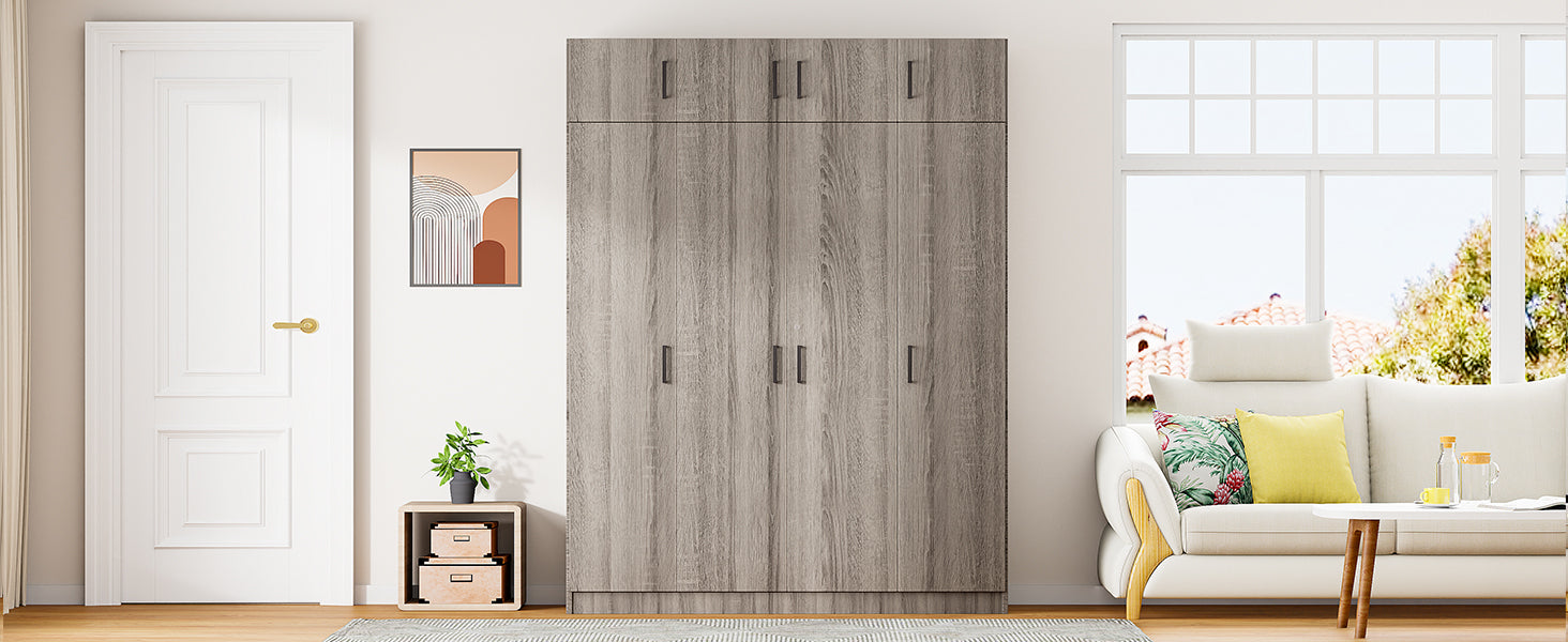 4-Door Wardrobe with 1 Drawer and Top Cabinet , Gray