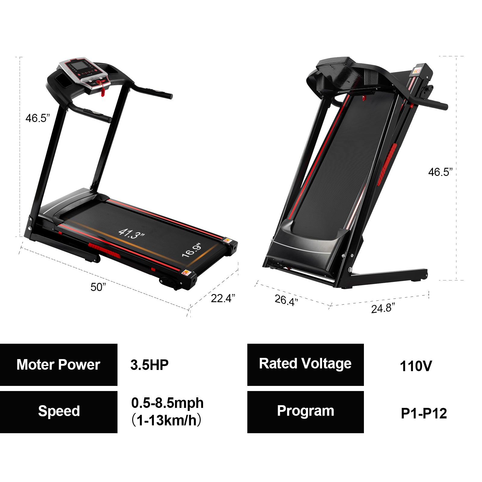 Folding Treadmills for Home - 3.5HP Portable Foldable with Incline, Electric Treadmill for Running Walking Jogging Exercise with 12 Preset Programs, Indoor Workout Training Space Save Apartment,APP