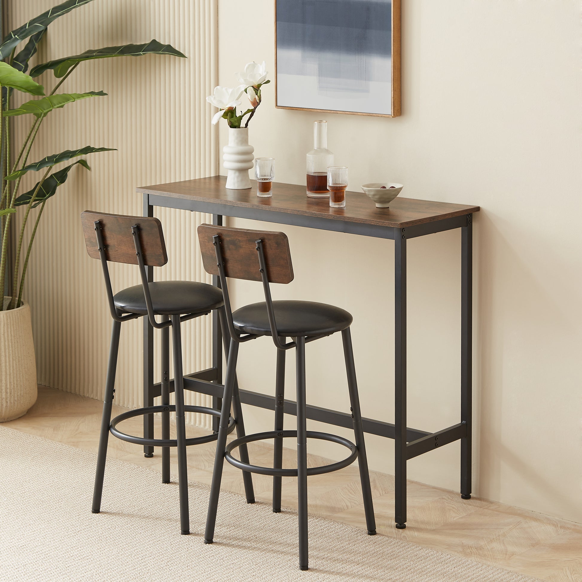 Bar Table Set with 2 Bar stools PU Soft seat with backrest, Rustic Brown, 43.31'' L x 15.75'' W x 35.43'' H. - Abrihome