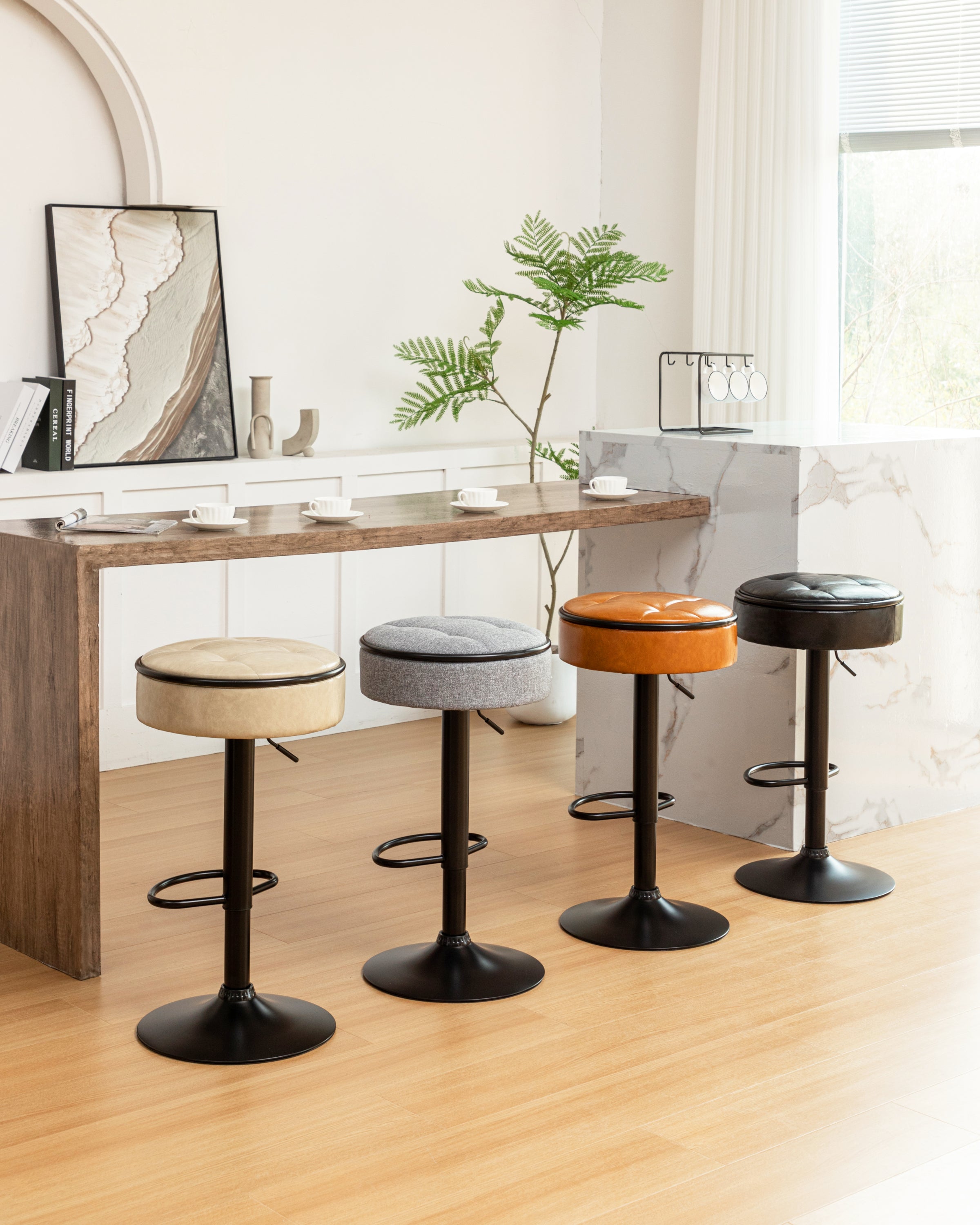 Round Storage Bar Stool Set of 2, Khaki Faux Leather Height Adjustable Barstool, 360°Counter Height Swivel Stool, Armless Bar Chair with Metal Frame for Kitchen Counter Dining Living Room