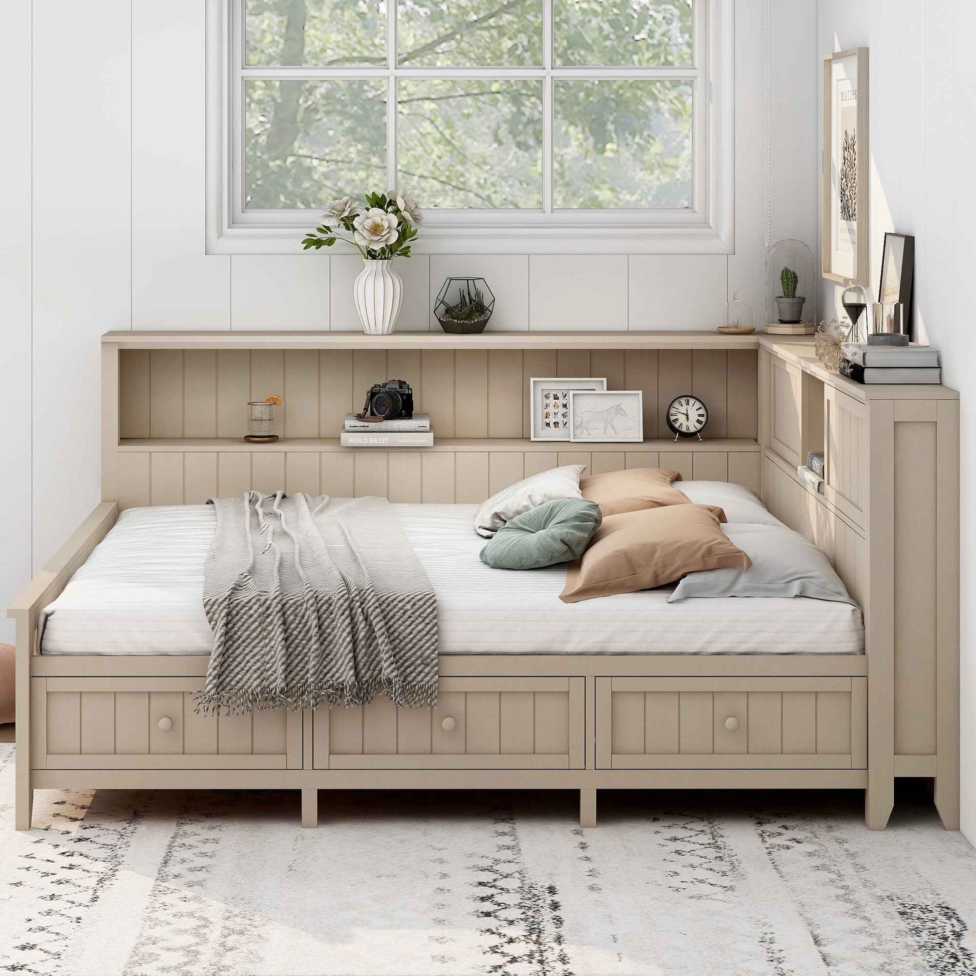 Full Size Wood Daybed with Storage Shelves and 3 Drawers in Antique White Milk Finish, Solid Pine Wood+MDF
