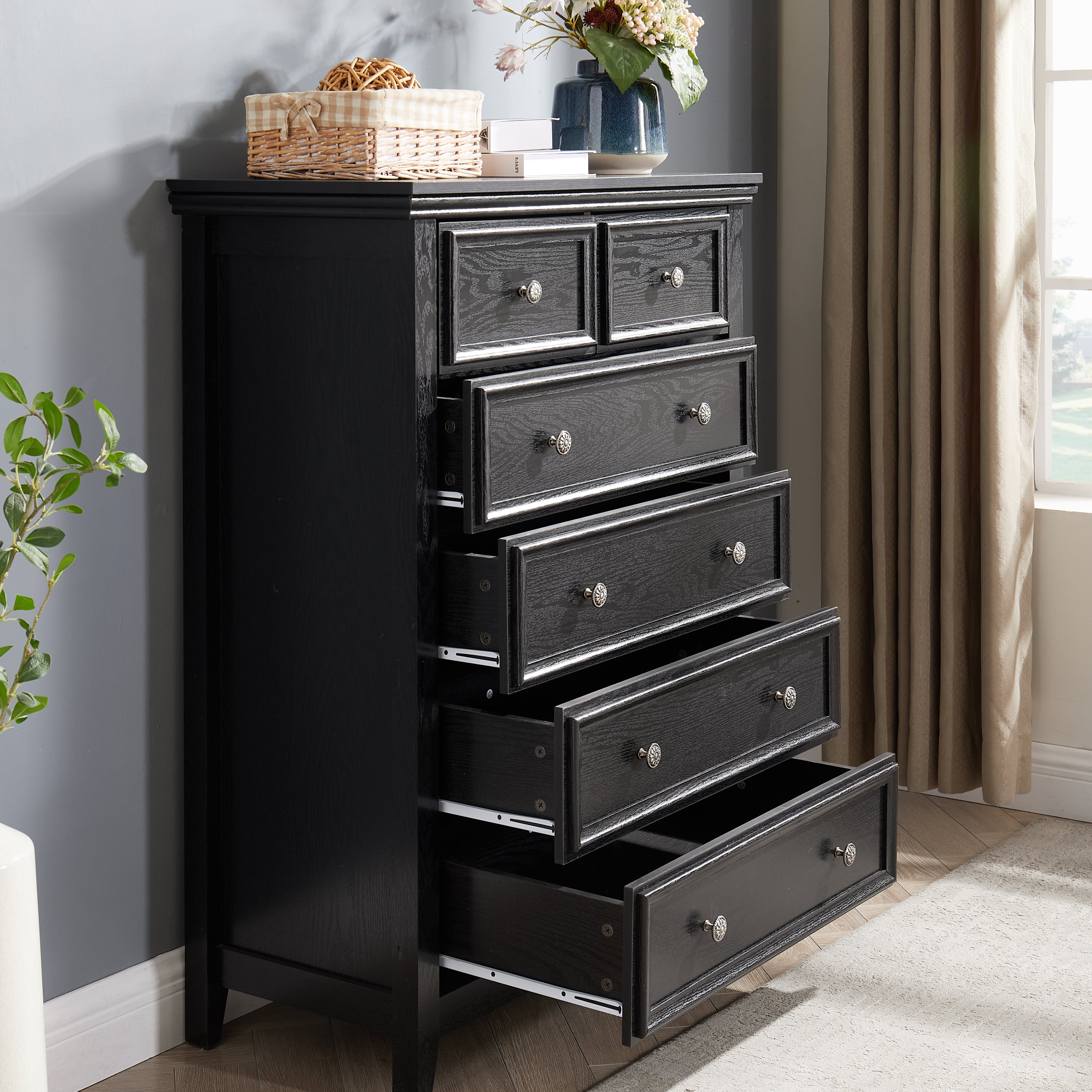 Modern 6 Drawers Dresser 6 Drawers Cabinet,Chest of Drawers Closet Organizers and Storage Clothes Storage Drawers Cabinet for Living Room, Farmhouse Dresser Organizer Black