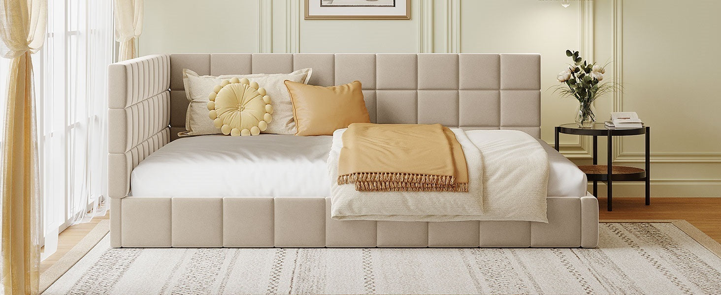 Full Size Upholstered Daybed/Sofa Bed Frame-Beige, Velvet - Abrihome