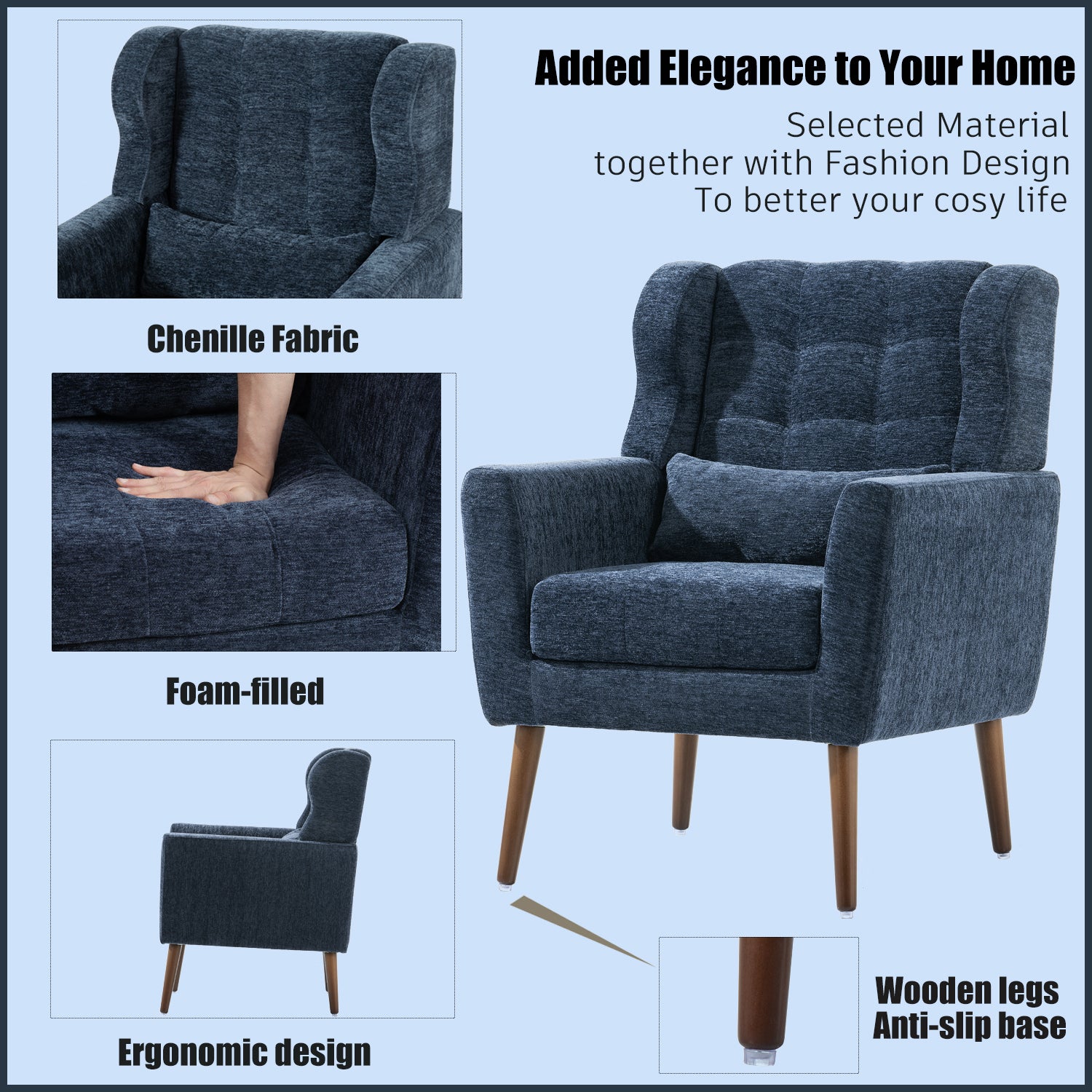 Modern Accent Chair,Chenille Arm Chairs for Living Room,Upholstered Mordern Armchair,Comfy Soft Padded Lounge Chair in Small Space, Bedroom, w/Pillow, Solid Wood Leg (Dark Blue)