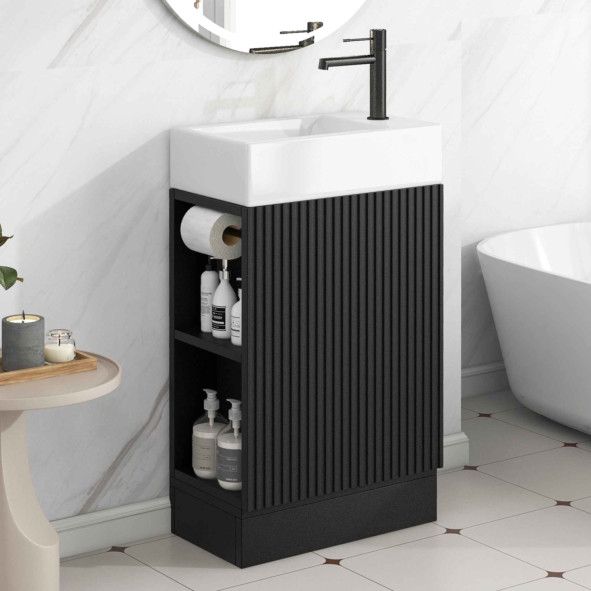 18.6' Bathroom Vanity with Sink, Bathroom Vanity Cabinet with Two-tier Shelf, Left or Right Orientation, Black (WF308491 New Color)