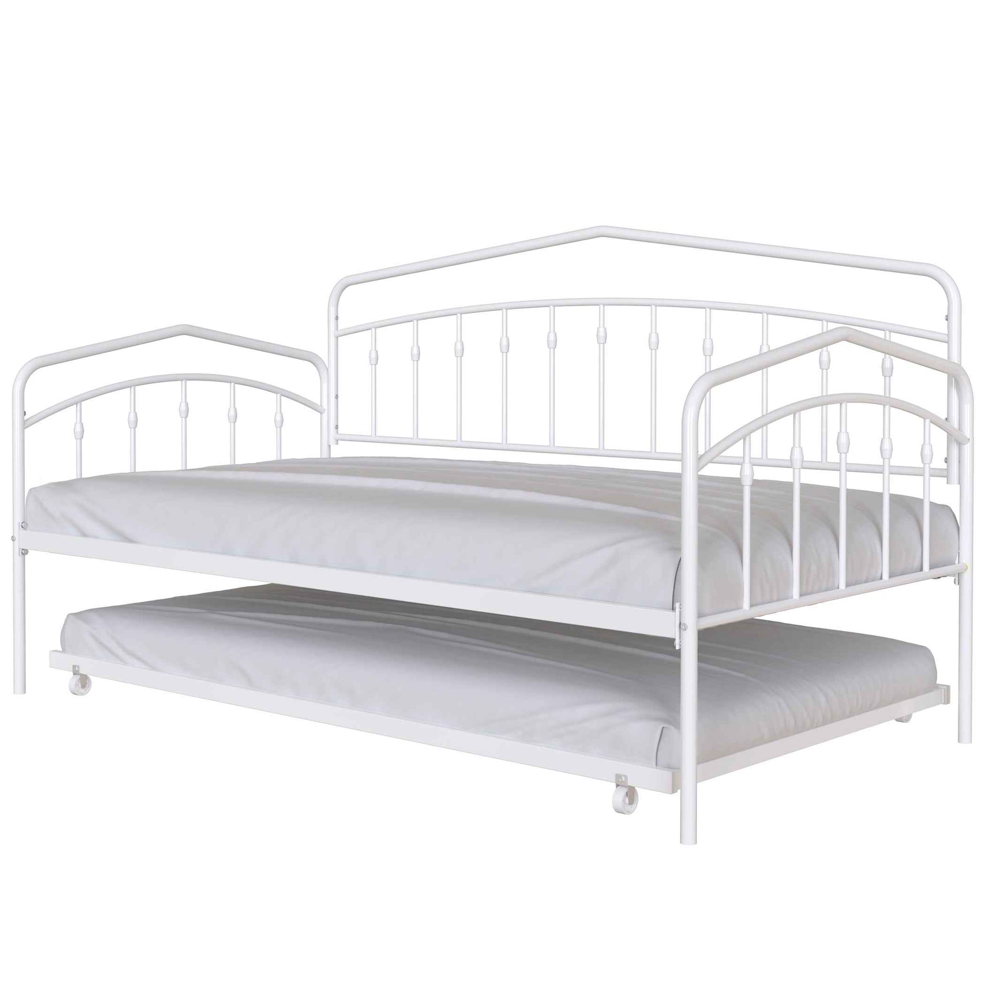 Fox Twin Metal Daybed with Trundle Bed Frame Set, Easy Assembly, Space Saving, Heavy Duty Metal Slat Support, Sofa Bed for Living Room, Bedroom, Guest Room, Kids Room, White