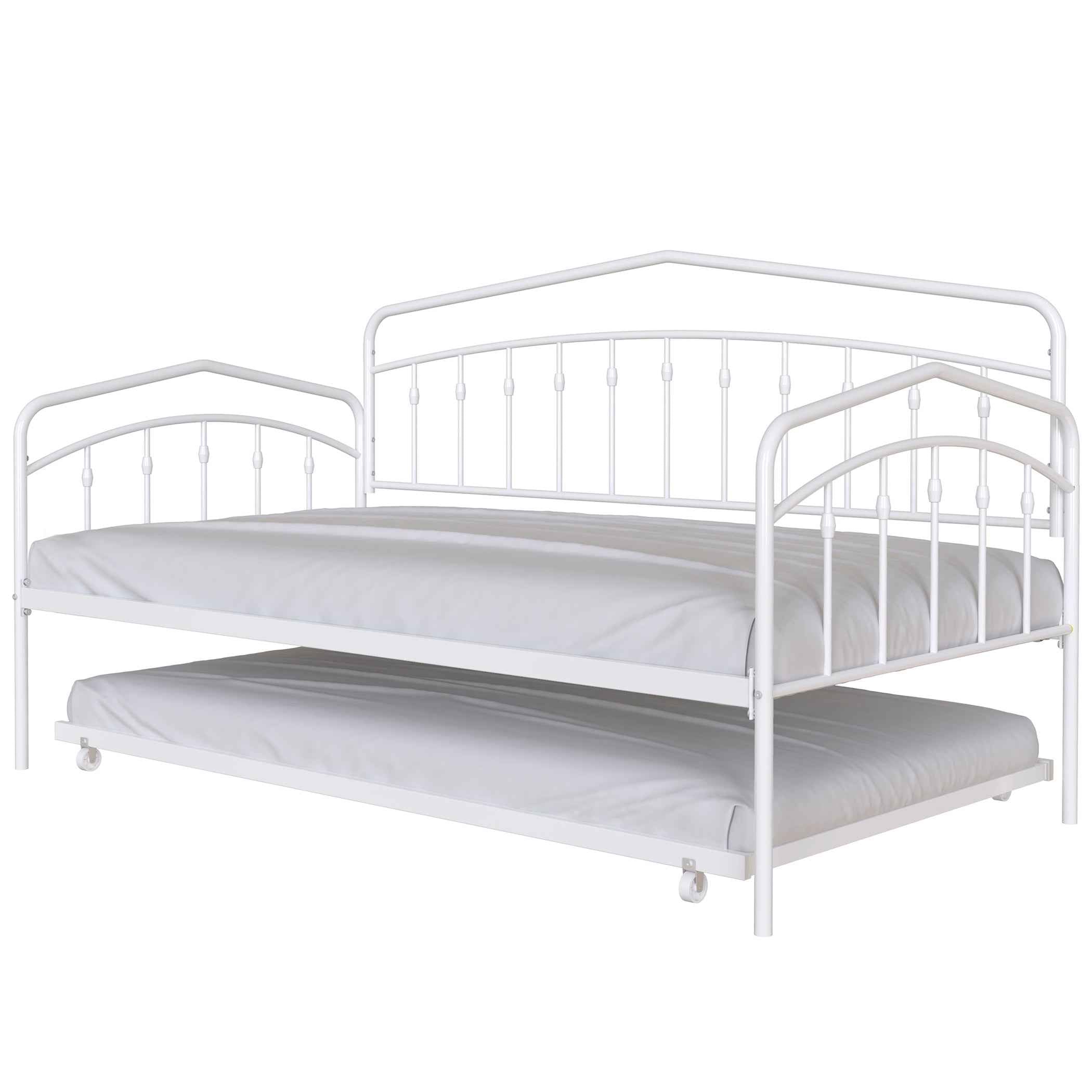 Fox Twin Metal Daybed with Trundle Bed Frame Set, Easy Assembly, Space Saving, Heavy Duty Metal Slat Support, Sofa Bed for Living Room, Bedroom, Guest Room, Kids Room, White