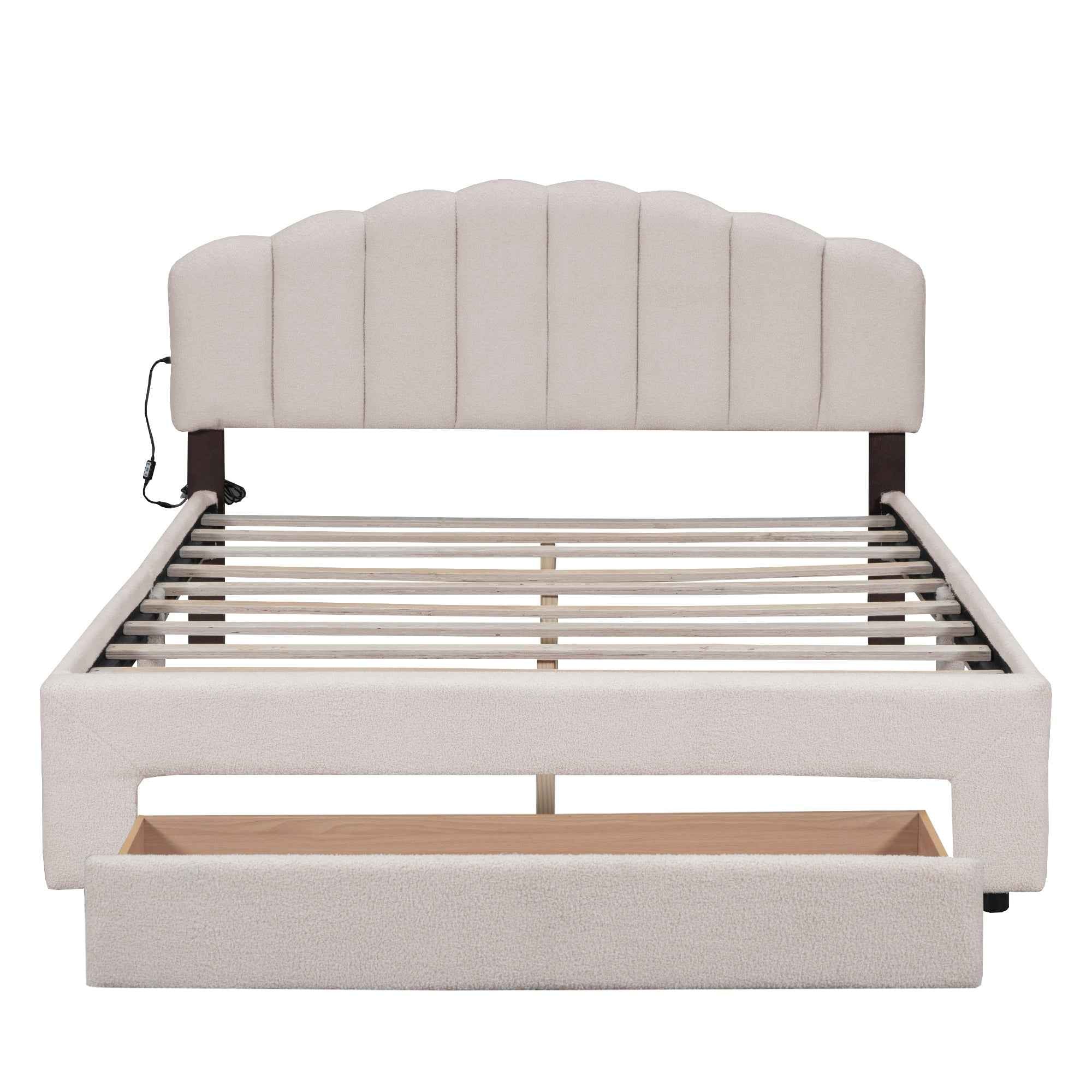 Teddy Fleece Queen Size Upholstered Platform Bed with Drawer, Beige