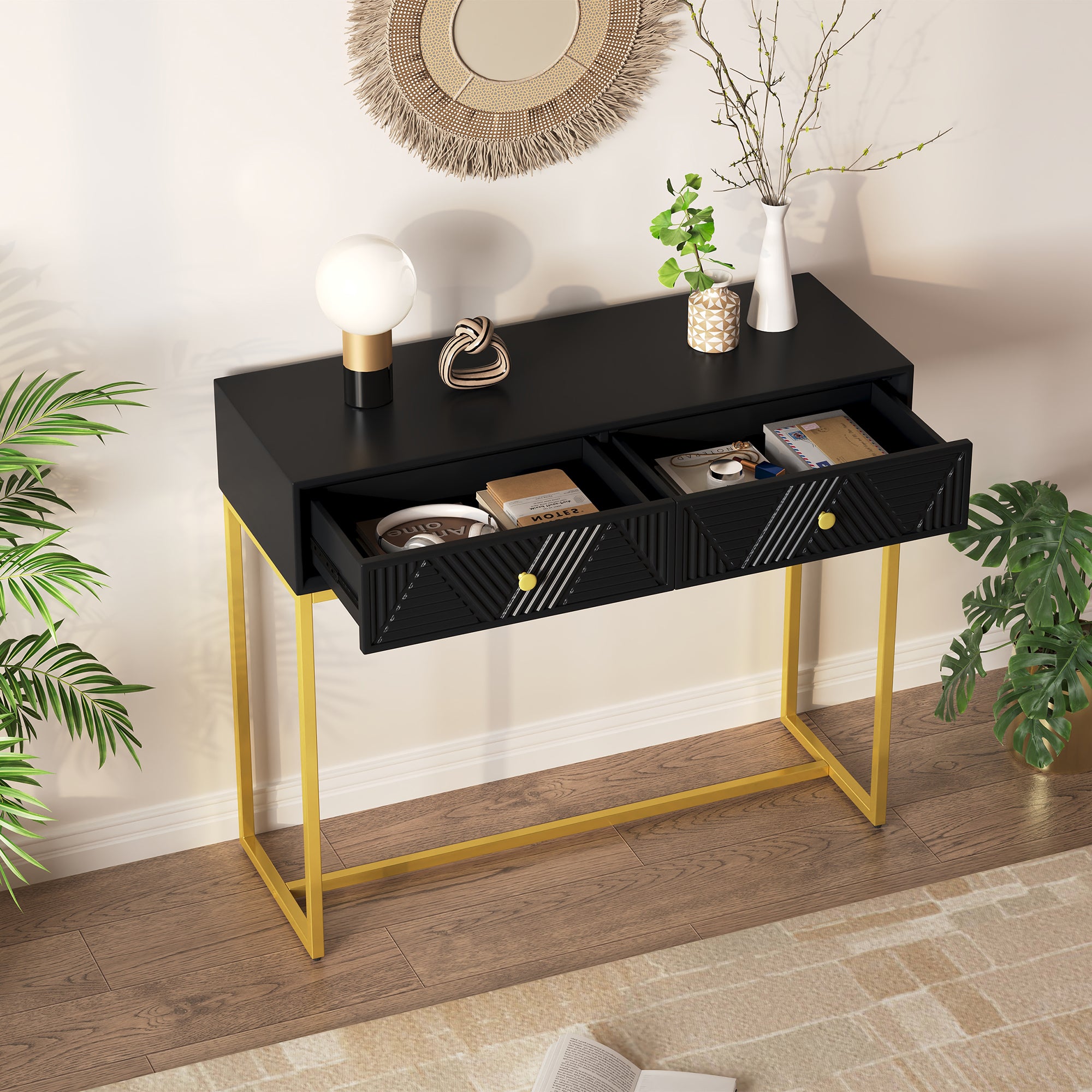 TREXM Modern Sleek Console Table Two Drawers with Stripe Design for Living Room and Entryway (Black)