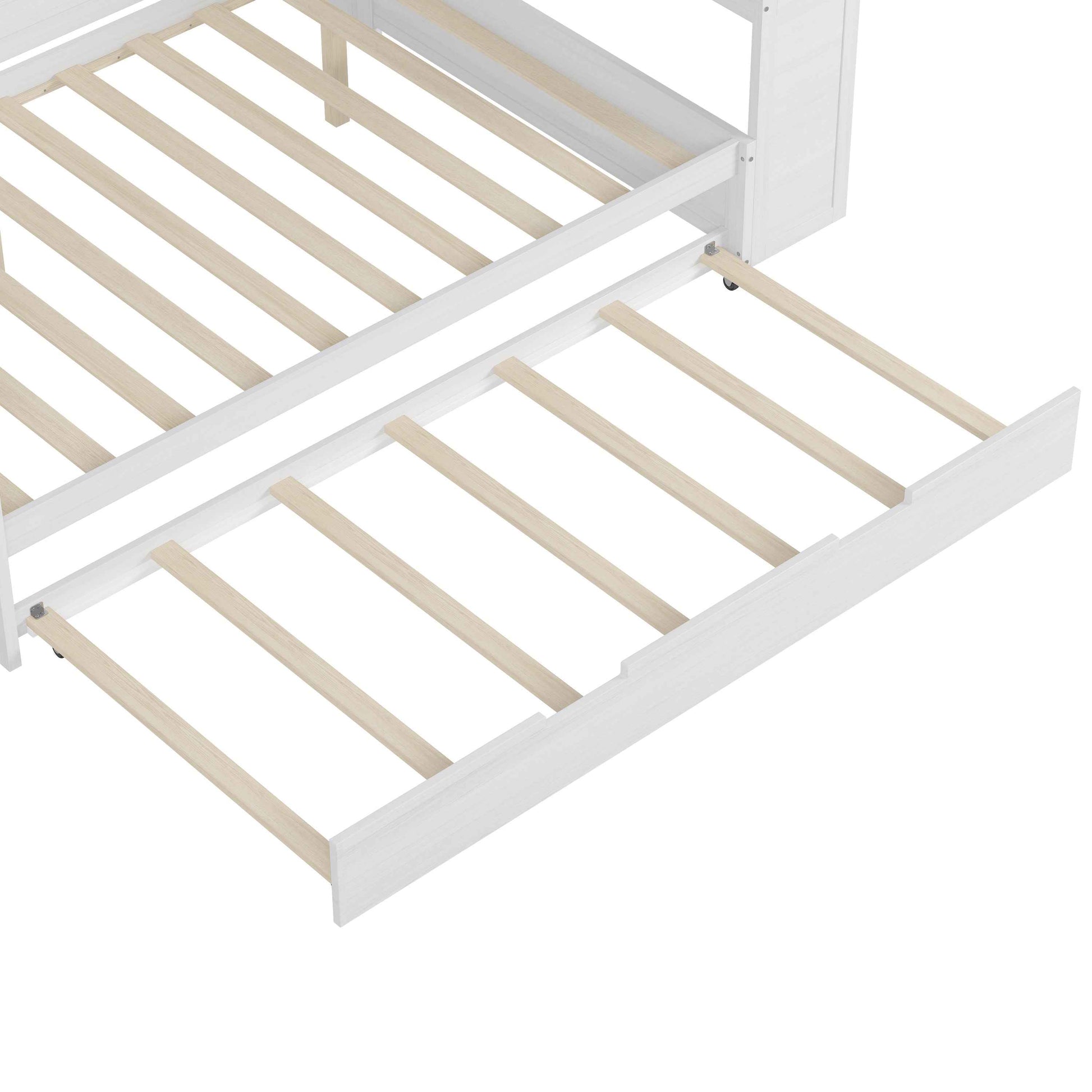 Wooden Full Size Daybed with Storage Shelves, Multi-functional Bed with Twin Size Trundle Bed and  Study Desk, Antique White