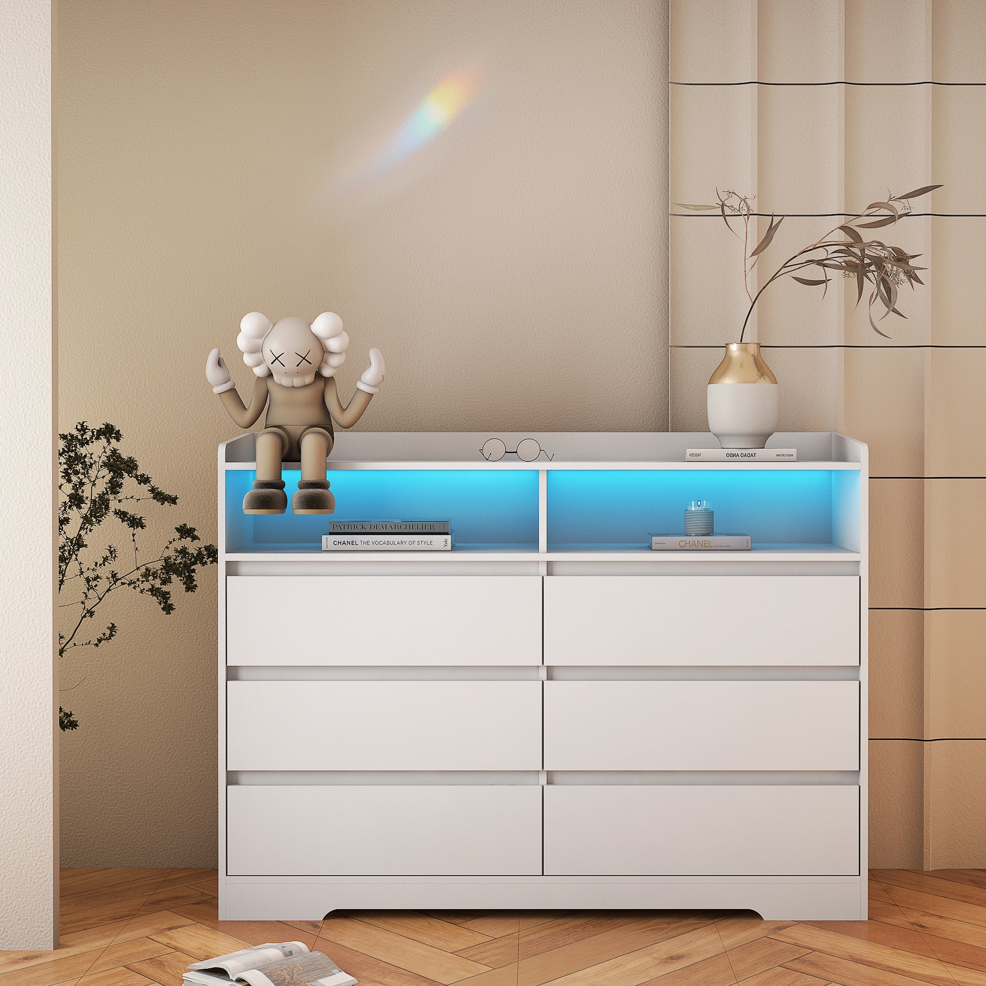 6 Drawer Dresser, White Dresser for Bedroom with LED Lights, Modern Dressers & Chests of Drawers with Sturdy Frame for Living Room, Entryway, Hallway - Abrihome