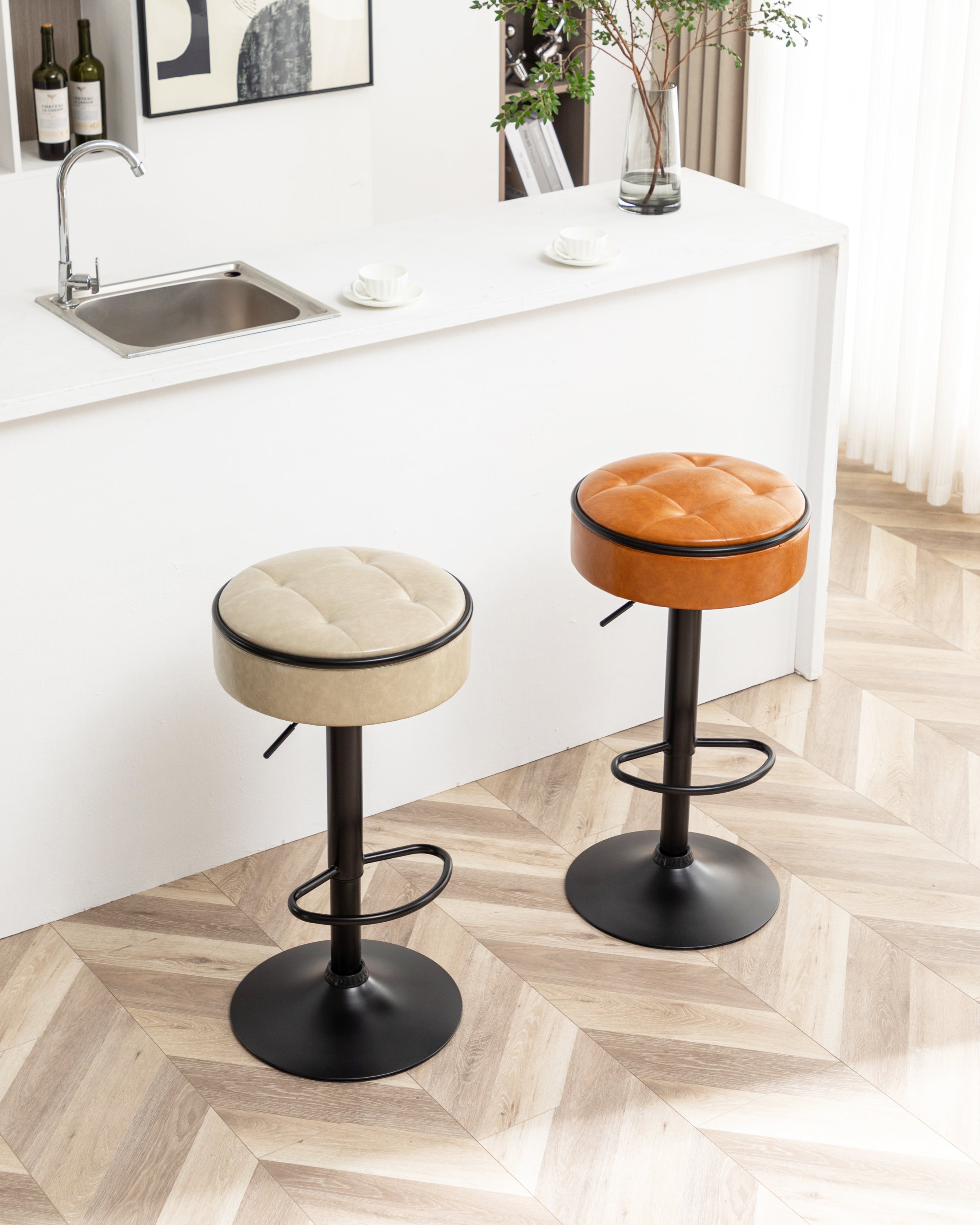 Round Storage Bar Stool Set of 2, Khaki Faux Leather Height Adjustable Barstool, 360°Counter Height Swivel Stool, Armless Bar Chair with Metal Frame for Kitchen Counter Dining Living Room