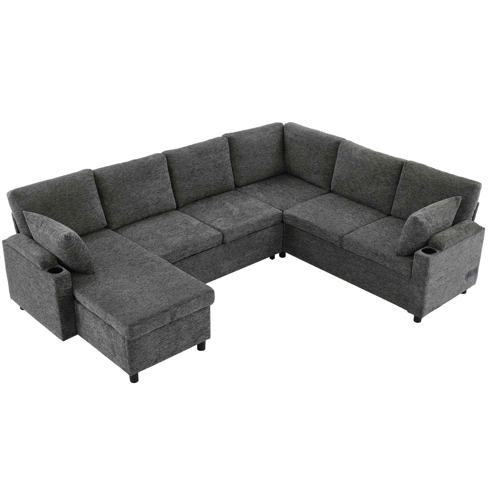 Versatile U-Shaped Sectional Sofa Bed with Storage, Cup Holders, Charging Ports in Grey Chenille