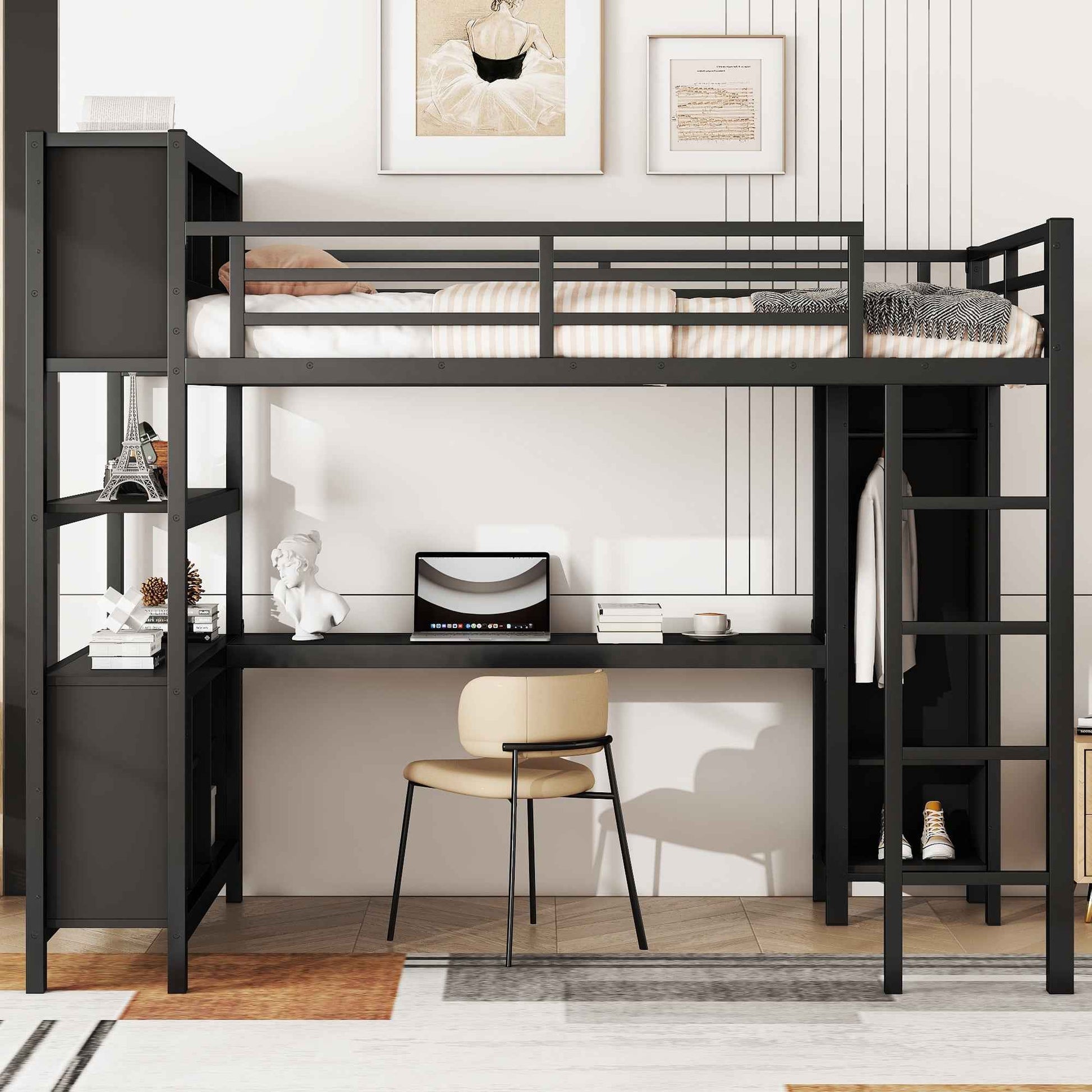 Metal Loft Bed with Wardrobe And L-shaped Desk, Full Size Loft Bed with Storage Cubes and Shelves, Heavy Duty Loft Bed for Kids Teens Adults, Black