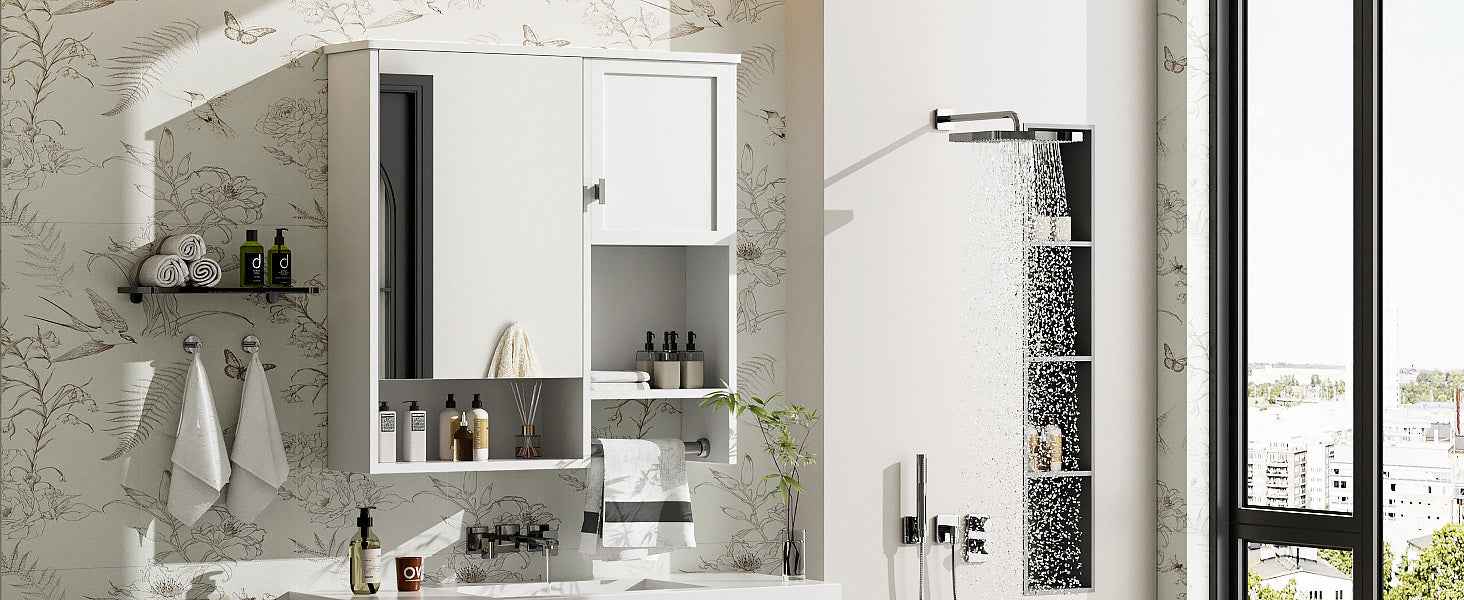 29'' x 28'' Modern Wall Mounted Bathroom Medicine Cabinet, Bathroom Wall Storage Cabinet with Mirror, Over the Toilet Space Saver Cabinet with Towels Bar