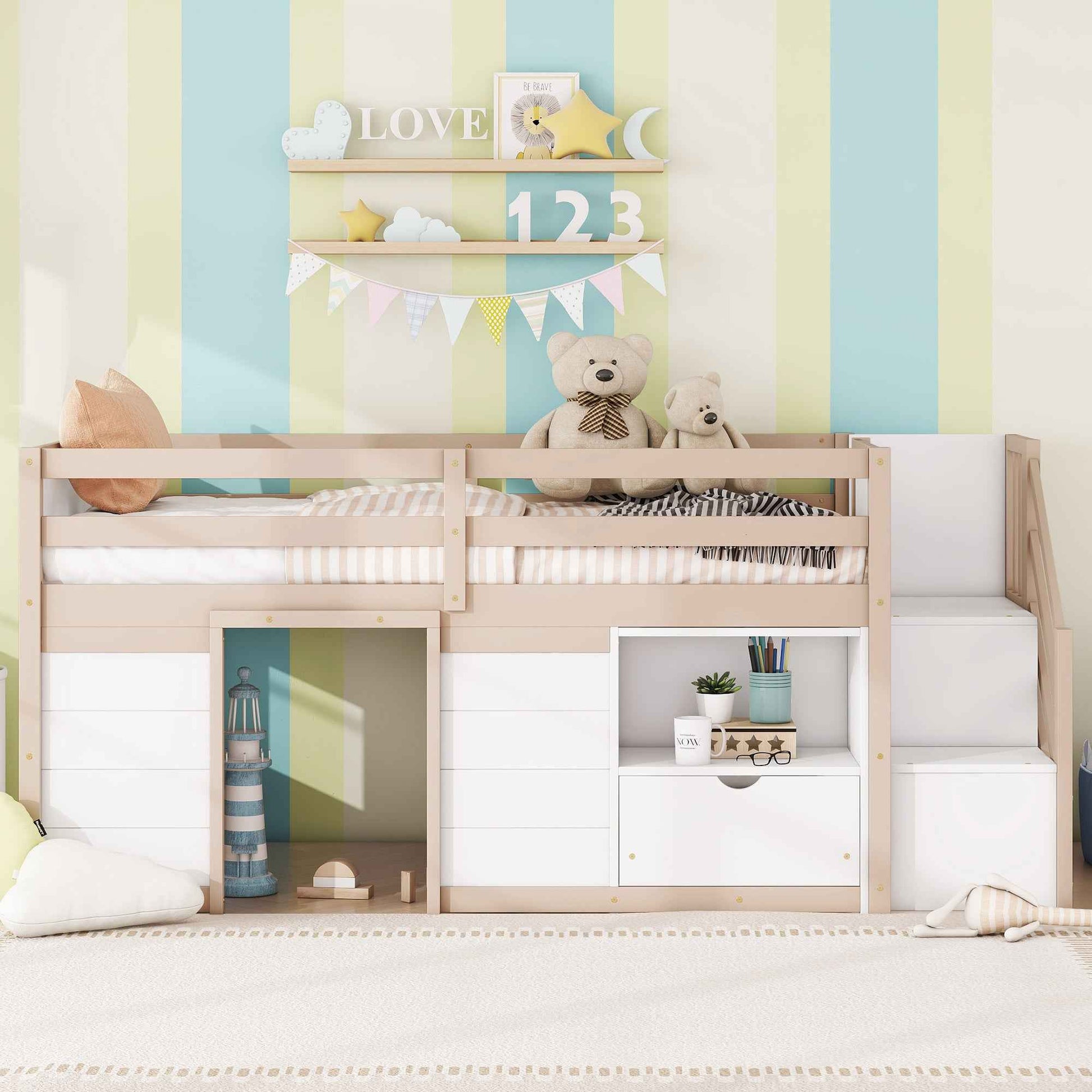 SOLID WOOD TWIN SIZE LOW LOFT BED WITH STAIR, DRAWER, AND SHELF FOR CREAM + WHITE COLOR