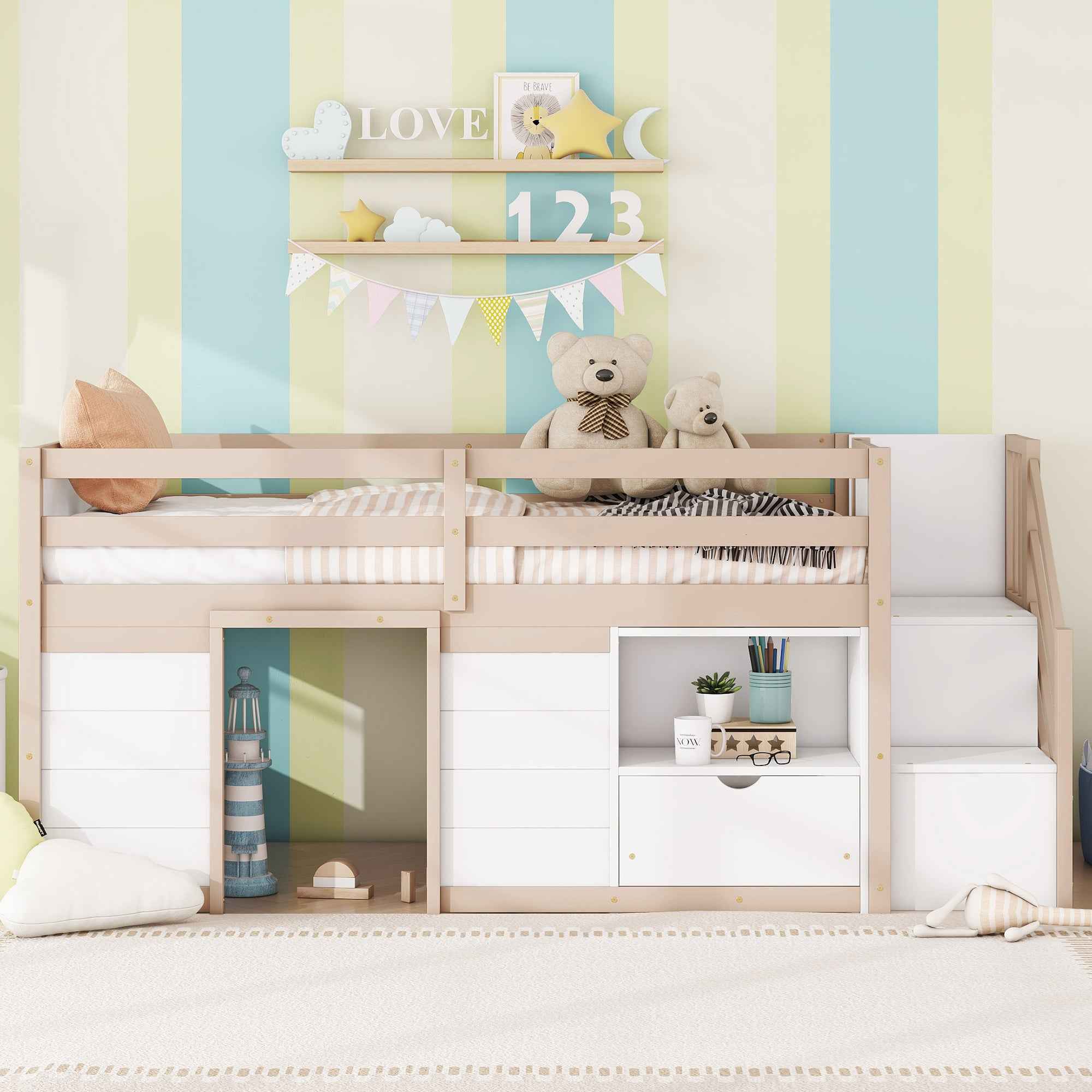 SOLID WOOD TWIN SIZE LOW LOFT BED WITH STAIR, DRAWER, AND SHELF FOR CREAM + WHITE COLOR