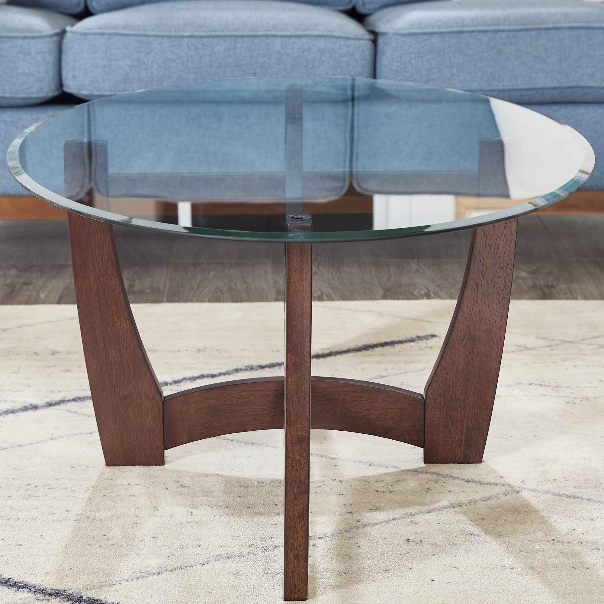 48 Inch Oval Glass Coffee Table, Cherry Round Coffee Table Center Table with Glass Top, Small Coffee Table for Living Room, Office and Apartment