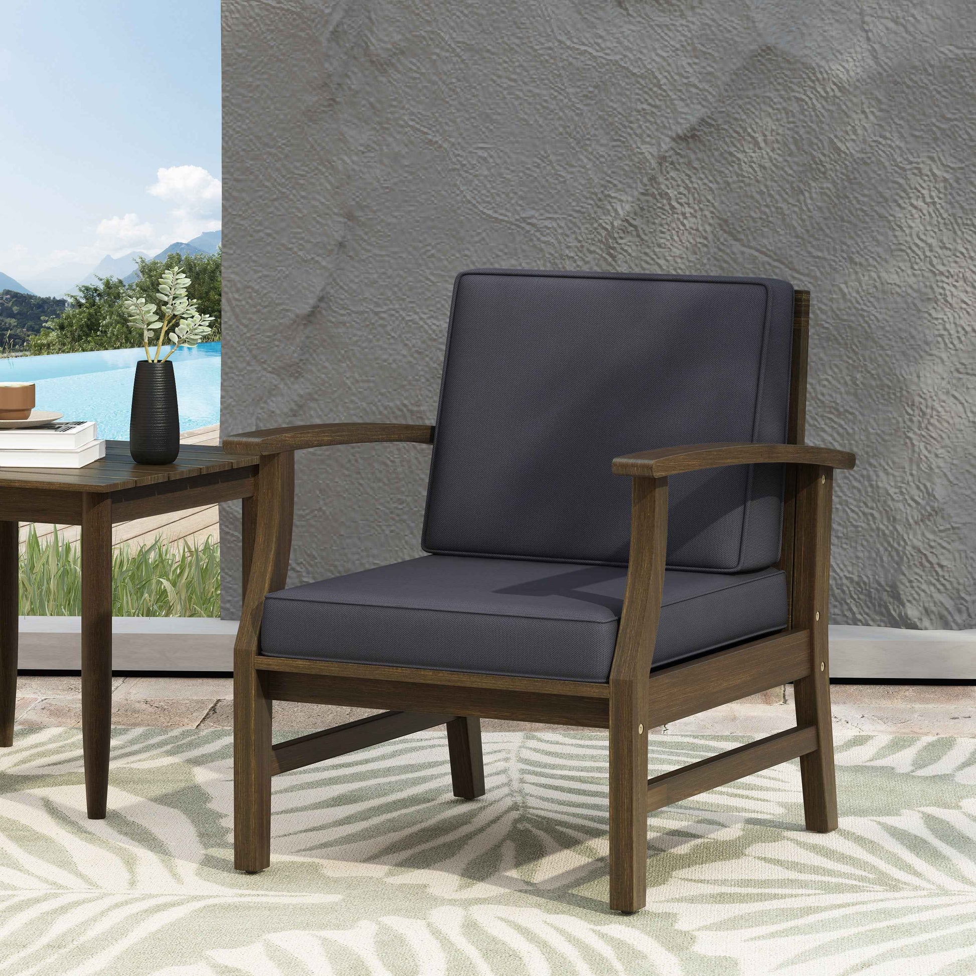 Enchanting Outdoor Club Chair with Slat Panel Design and Water Resistant Cushion, Dark Grey