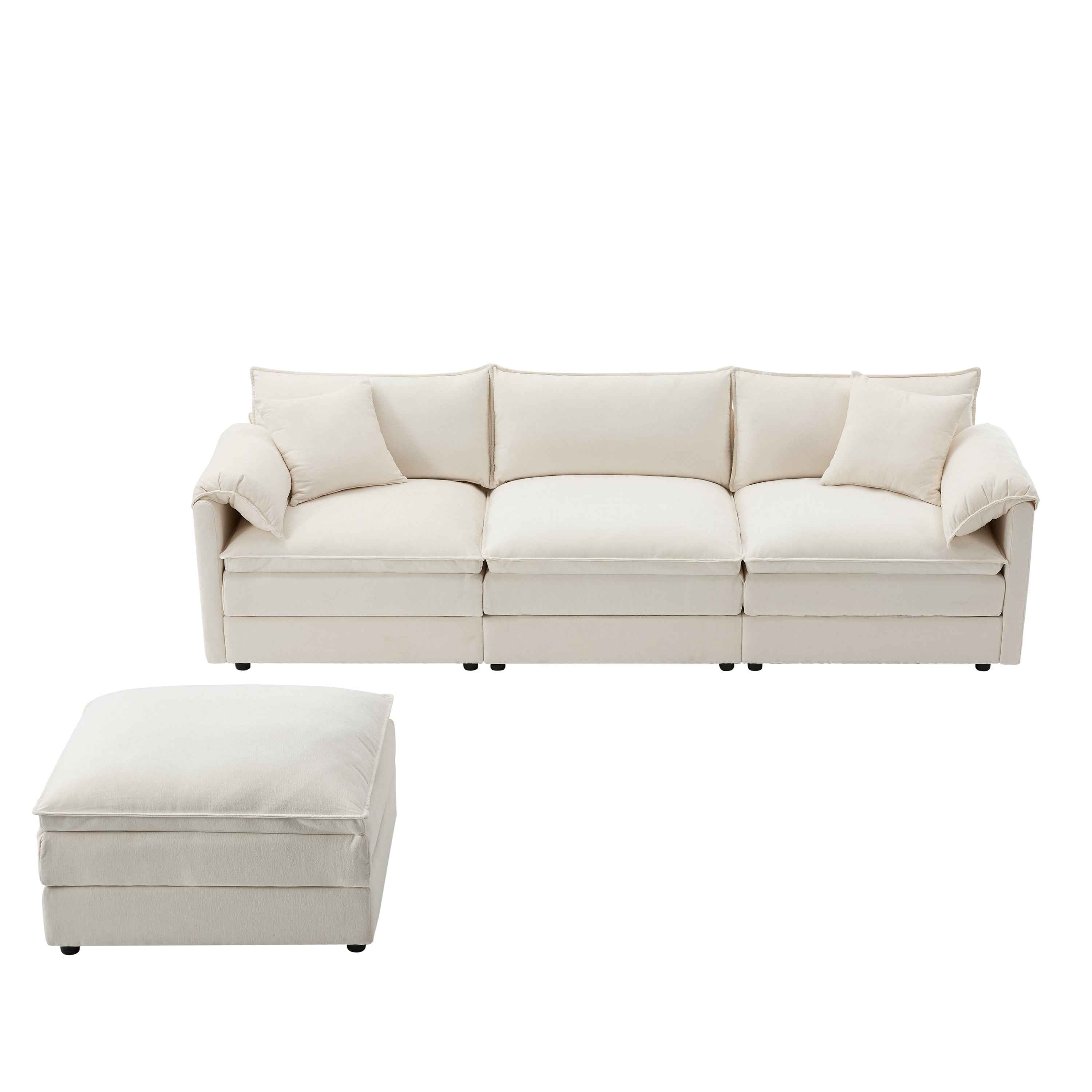 Chenille Modular Sectional Sofa with Deep Seat and Movable Ottoman in Cream