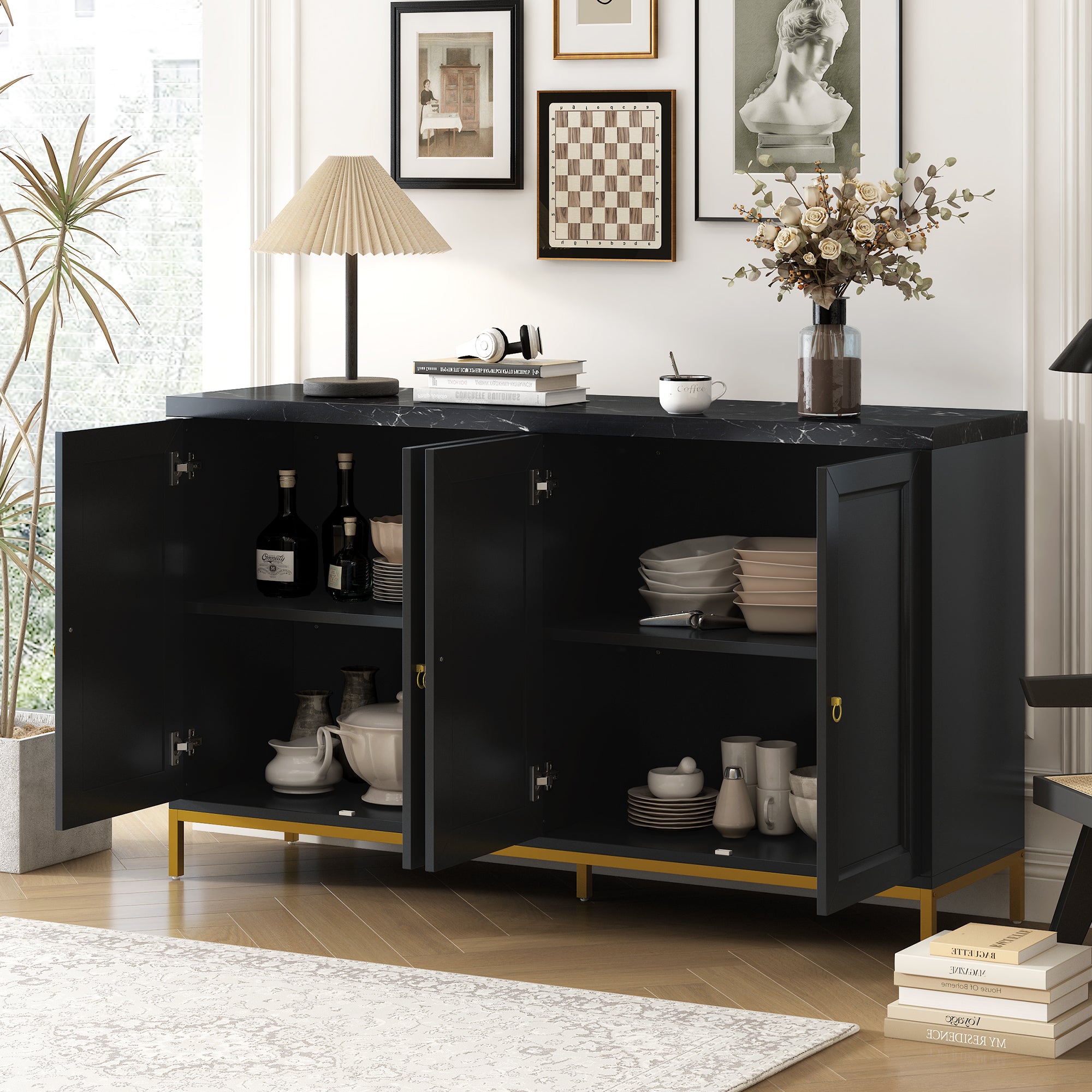 TREXM Modern Sideboard with Extra Large Storage Space with Metal Handles and Support Legs for Living Room and Dining Room (Black)