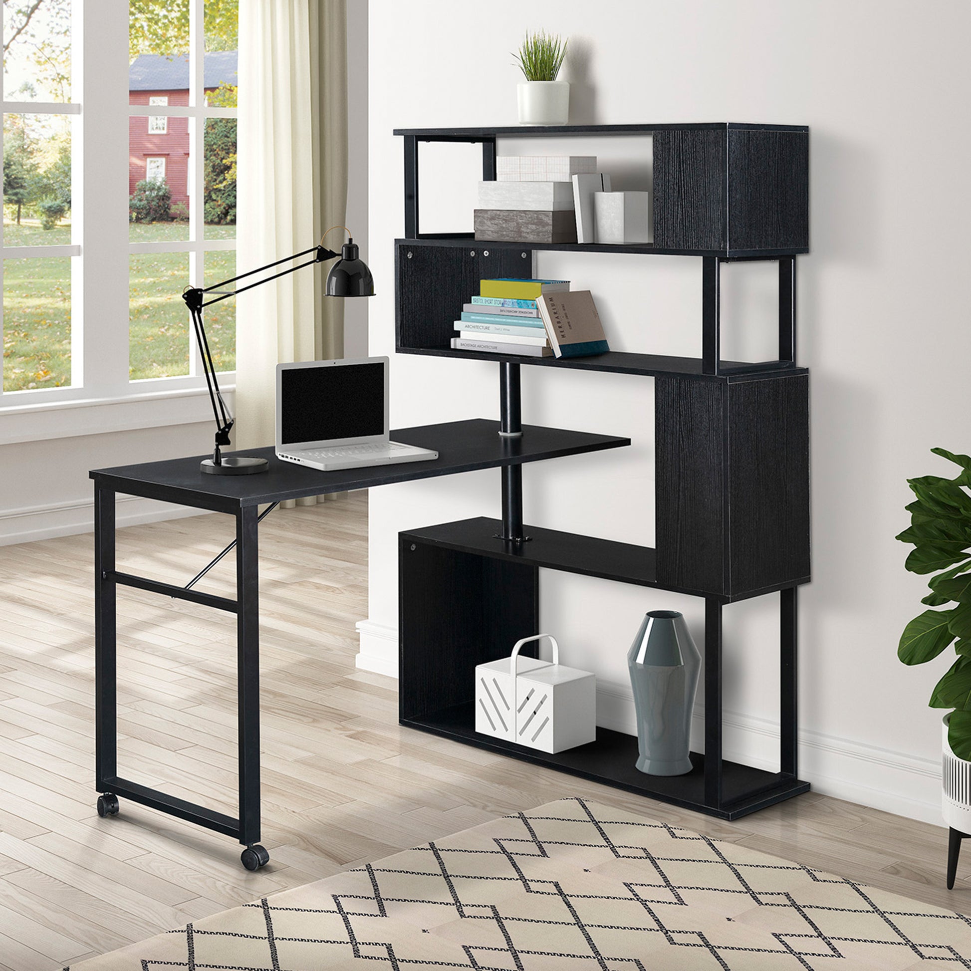 Home Office Computer Desk L-Shaped Corner Table, Rotating Computer Table with 5-Tier Bookshelf, Four Installation Methods, Lockable Casters (Black) - Abrihome