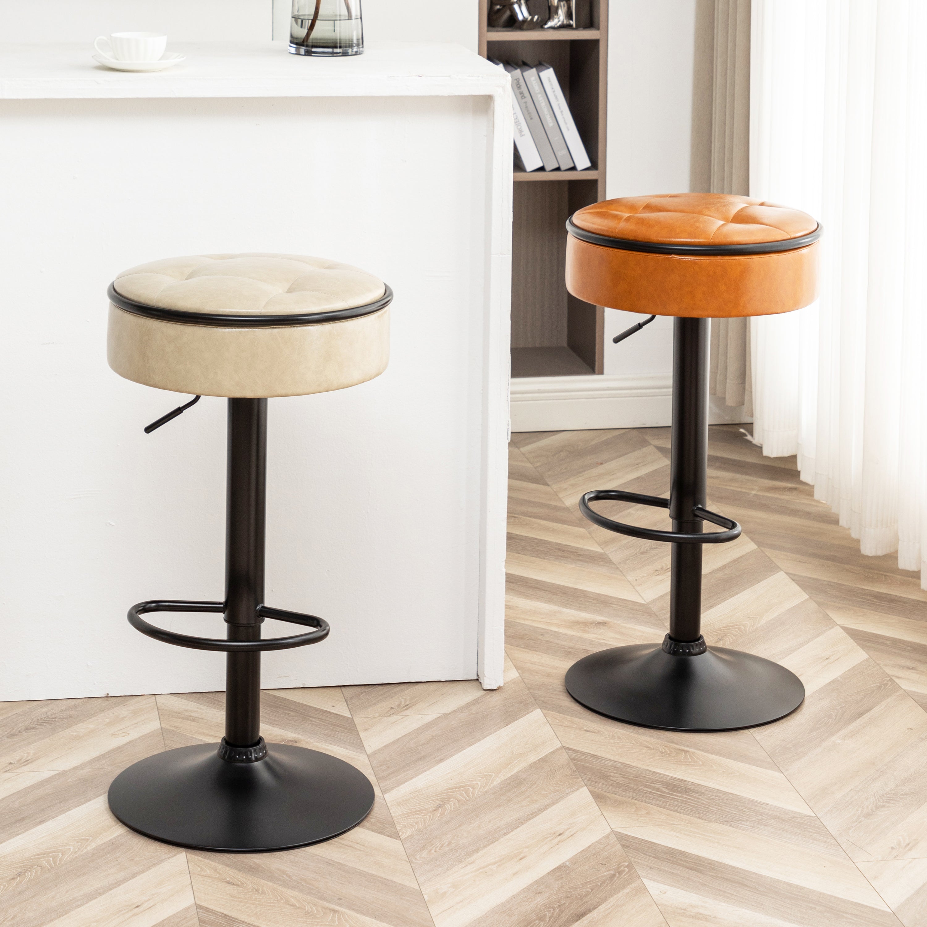 Round Storage Bar Stool Set of 2, Khaki Faux Leather Height Adjustable Barstool, 360°Counter Height Swivel Stool, Armless Bar Chair with Metal Frame for Kitchen Counter Dining Living Room