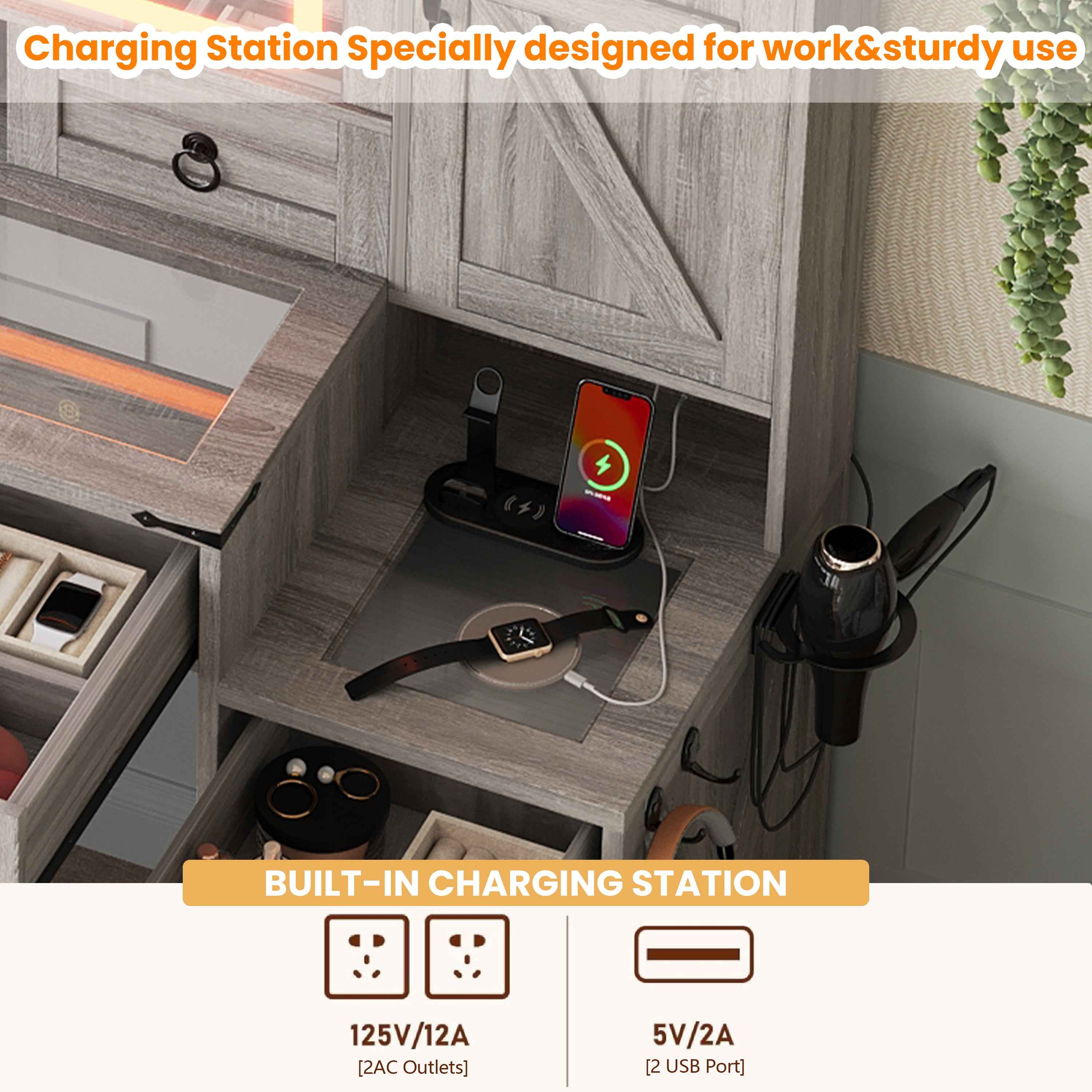 Farmhouse Vanity Desk with Sliding Mirror and Lights, Vanity Set with Glass Top and Charging Station ,Dressing Table with 4 Drawers and 2 Cabinets, Dressing Table with Stool for Bedroom, Gray