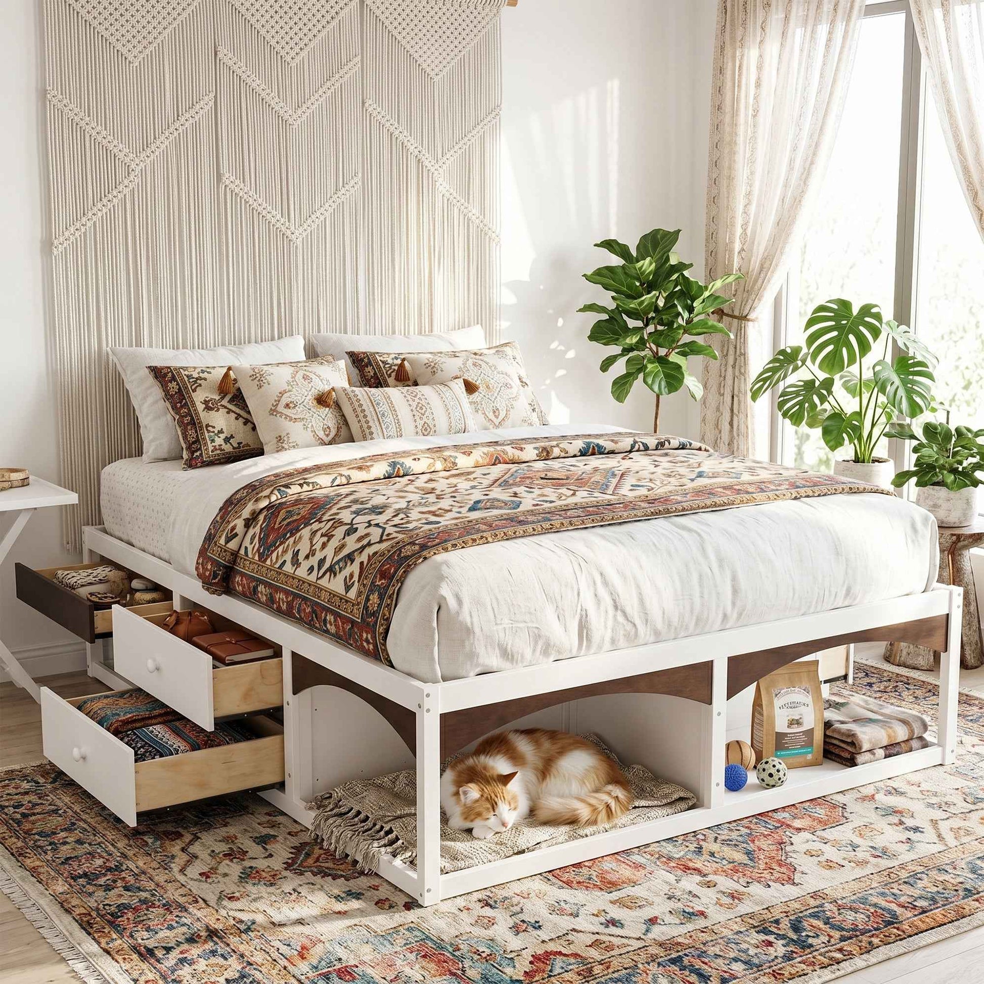 King Bed Frame with Storage Drawers, No Headboard Platform Bed, Pet-Friendly Design, No Box Spring Needed, Modern Minimalist Style-White