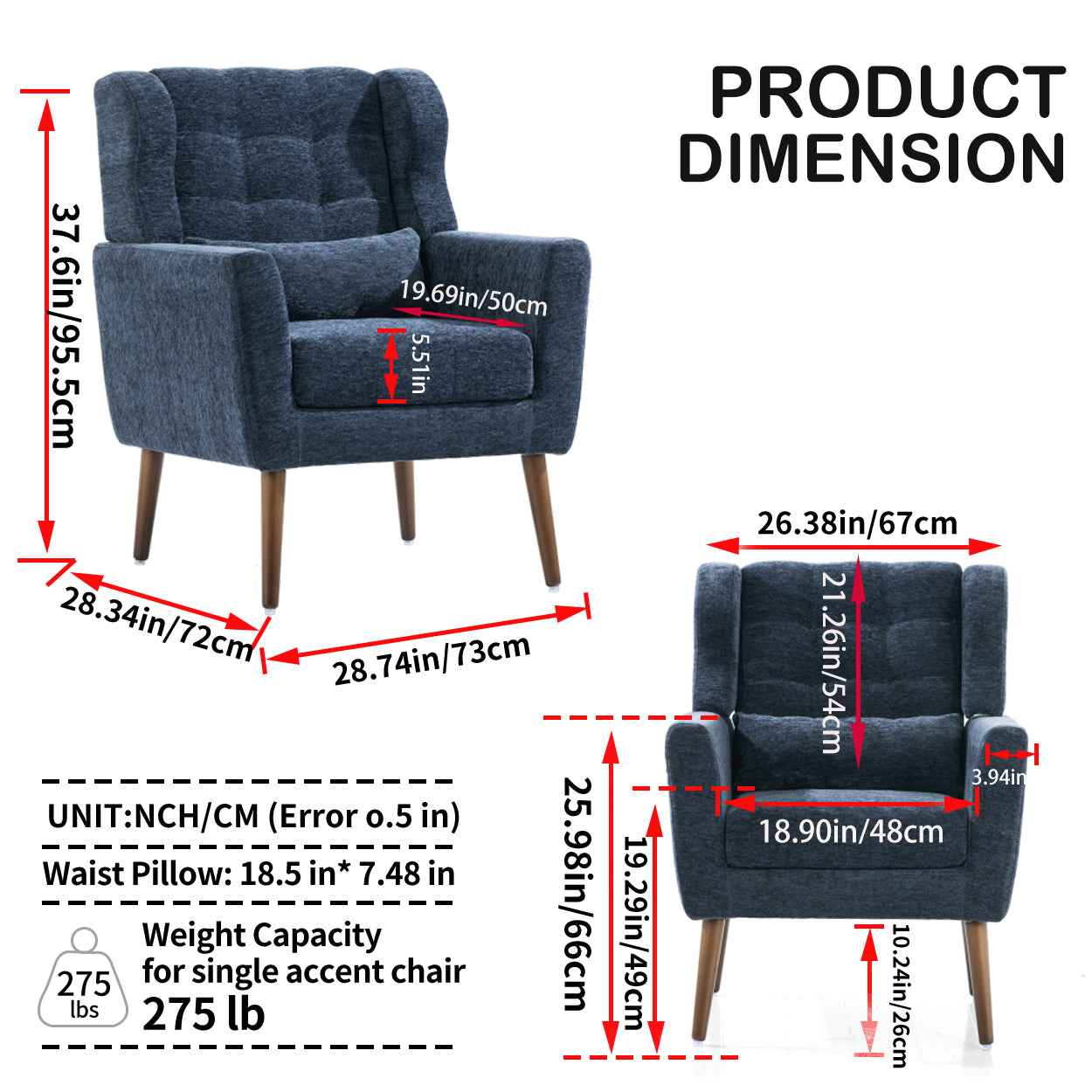 Modern Accent Chair,Chenille Arm Chairs for Living Room,Upholstered Mordern Armchair,Comfy Soft Padded Lounge Chair in Small Space, Bedroom, w/Pillow, Solid Wood Leg (Dark Blue)