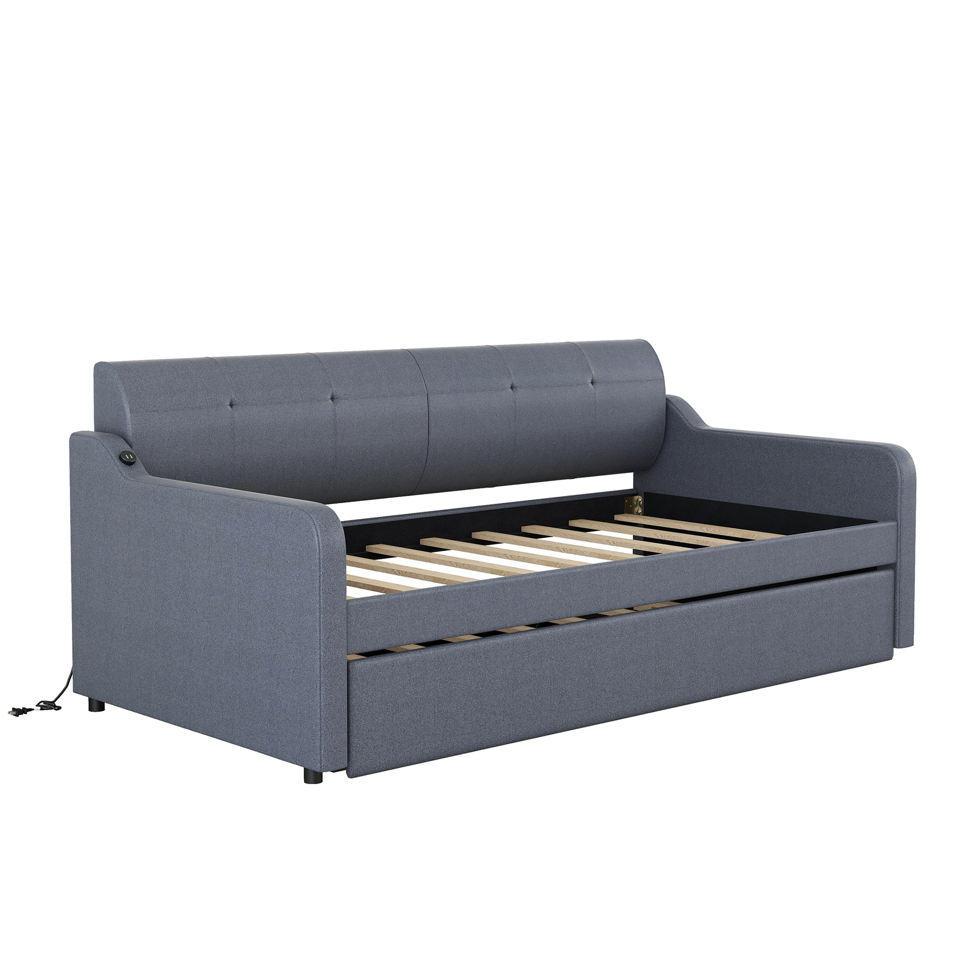 Twin Size Upholstery DayBed with Trundle and USB Charging Design,Trundle can be flat or erected,Gray - Abrihome
