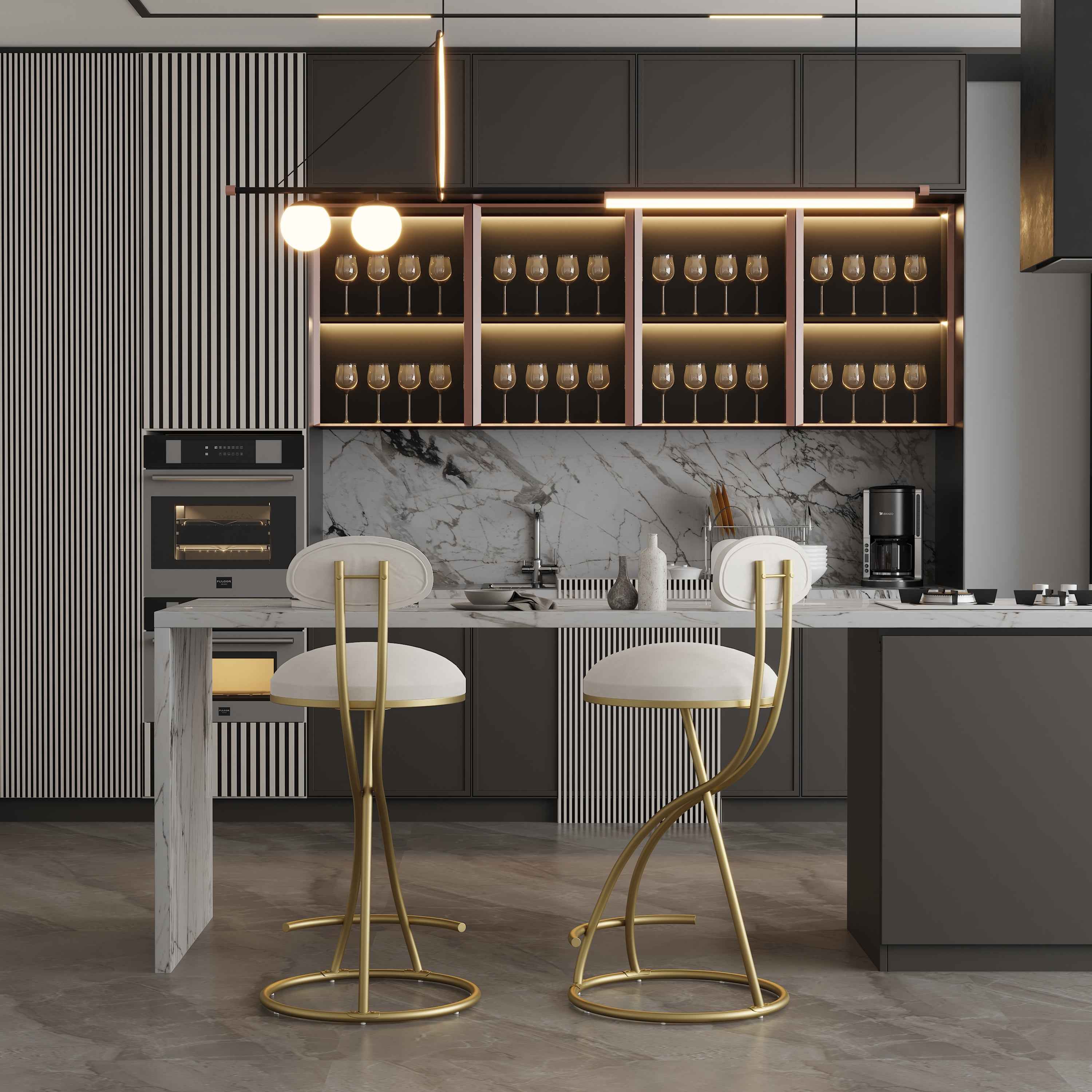 Round Bar Stool Armless Velvet Barstools with Back Set of 2, Gold & Creamy White