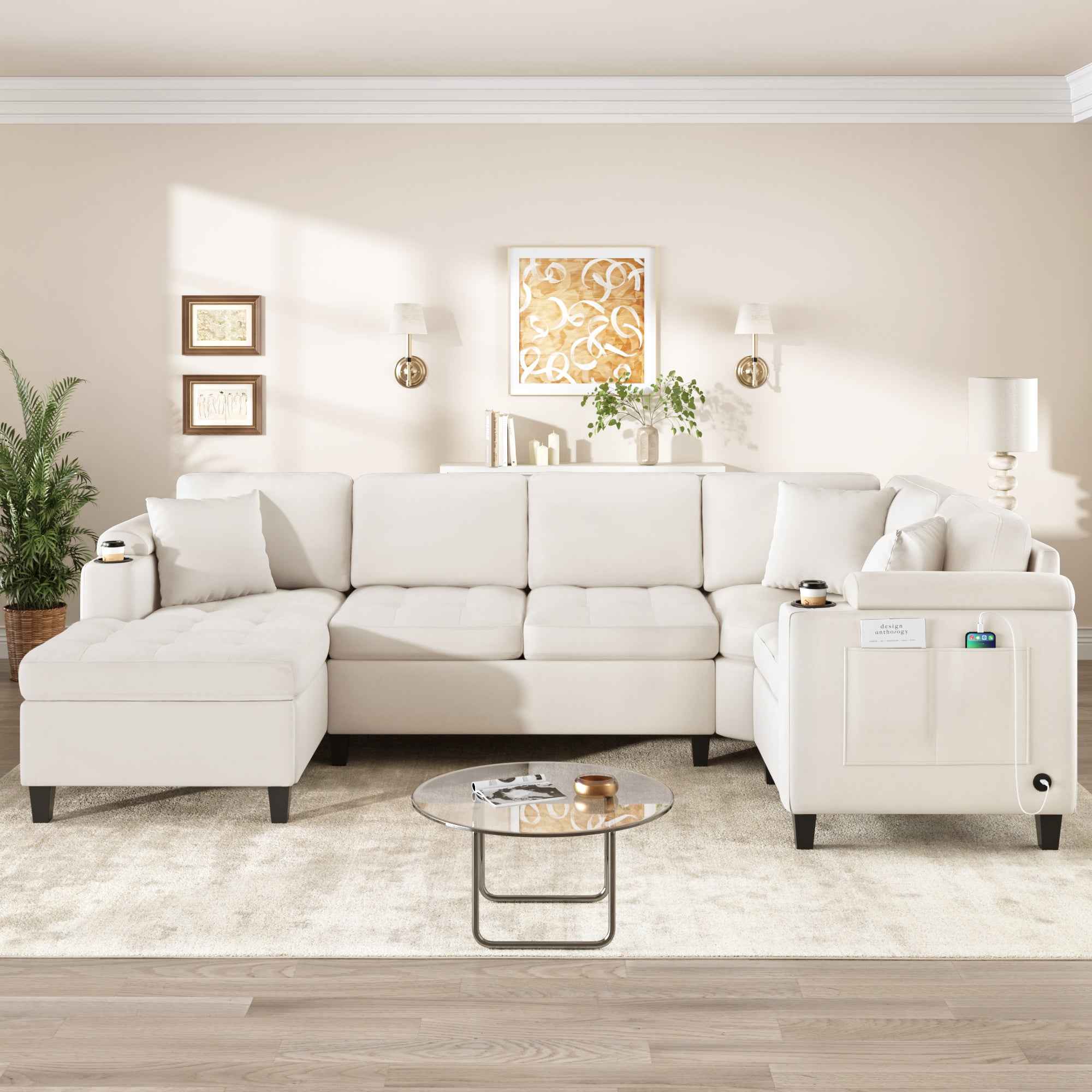 Modern U-shaped Sectional Sofa 115.7' with Built-in Cup Holders, Storage, USB Ports in Beige Chenille Fabric