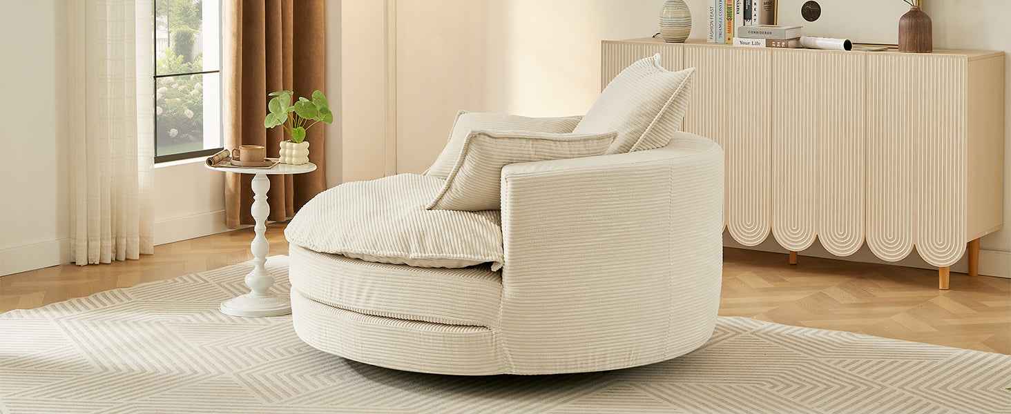 Accent Barrel Chair 360° Swivel Sofa Chair with Dual-layer Cushion and 3 Removable Pillows, Beige Corduroy, 57.5'