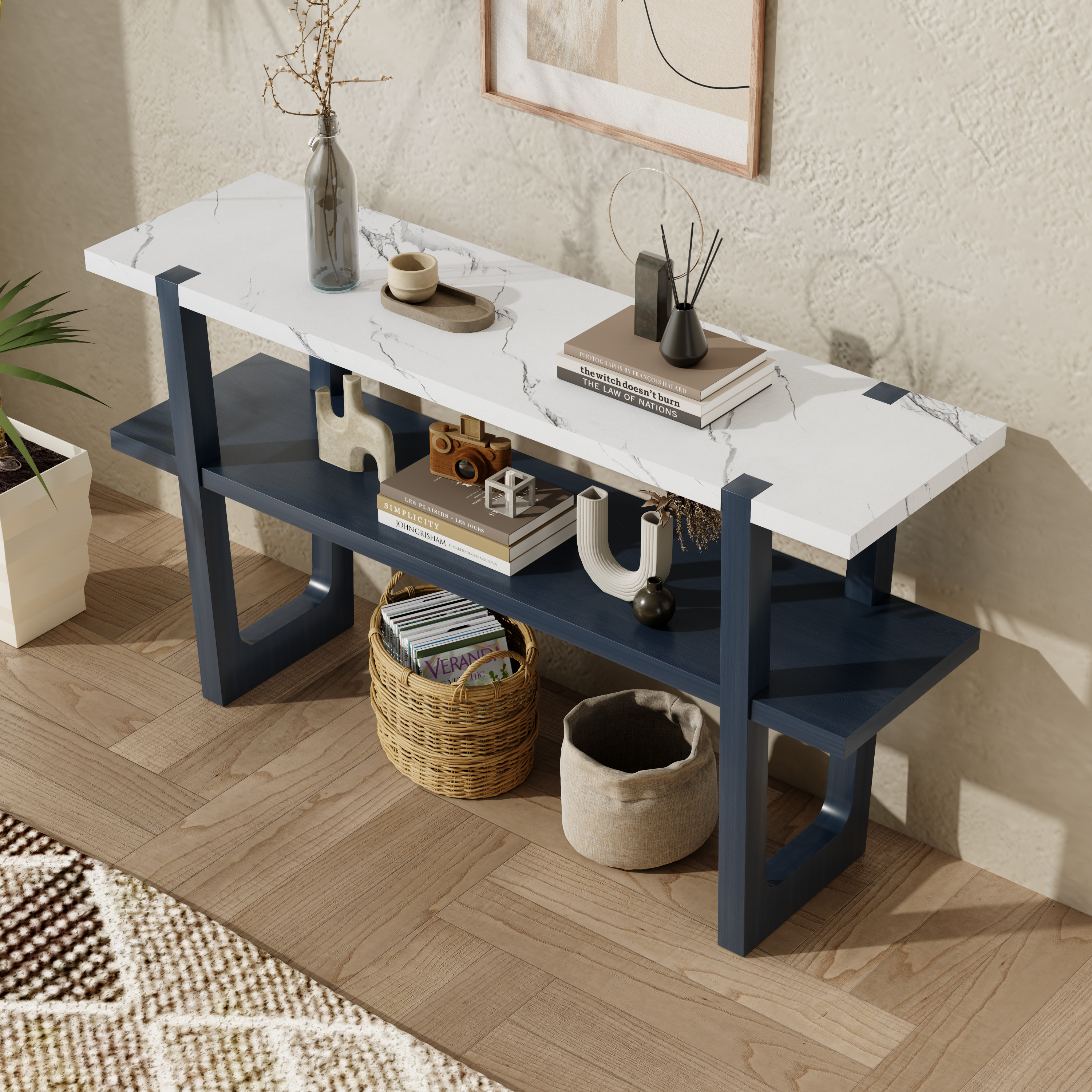 TREXM Retro Elegant Console Table with Marble-Effect Top and Versatile Storage Solutions for Entryway and Living Room (Navy)