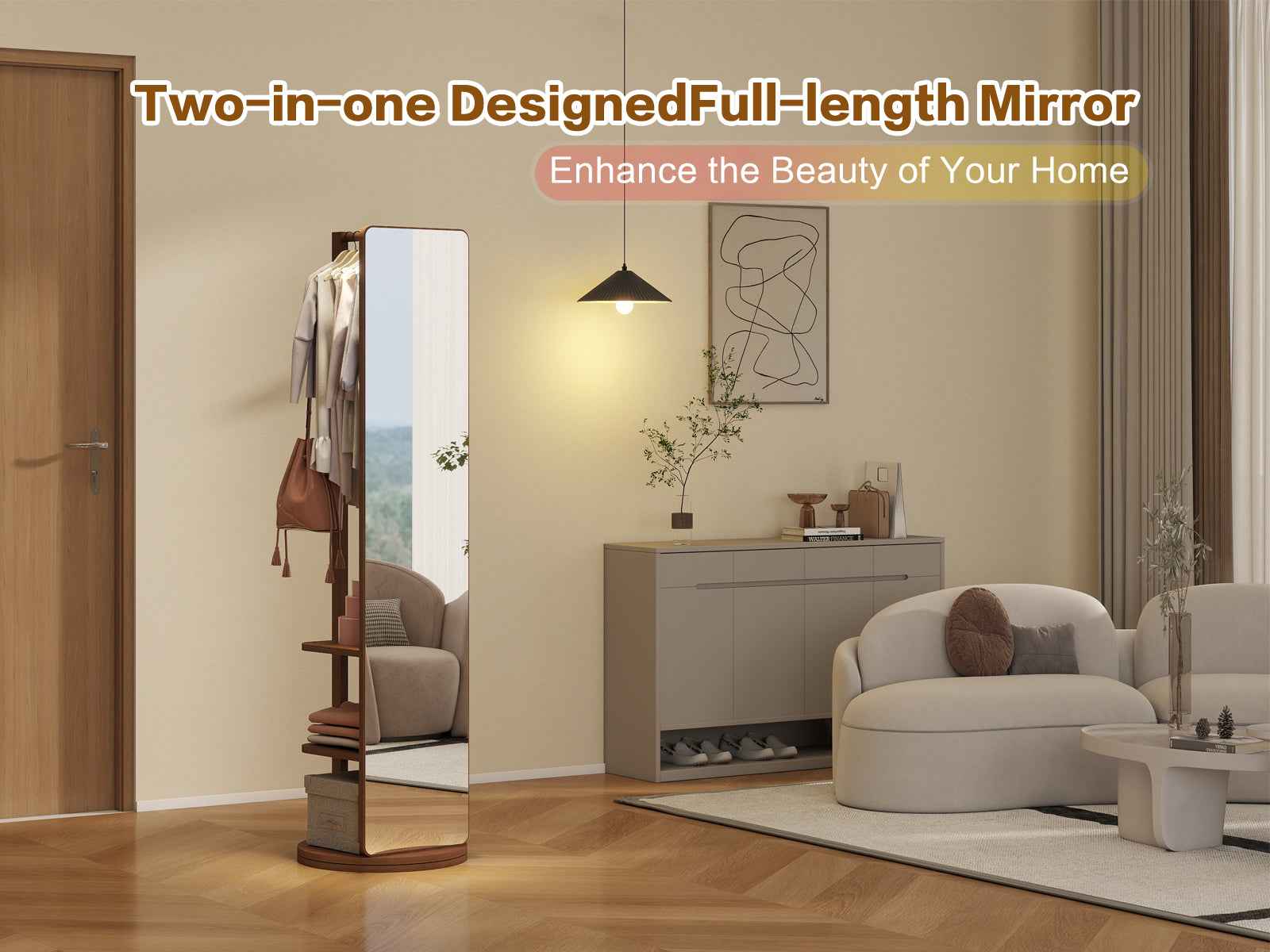 360° Rotating 69'x16' Multifunctional Full Length Mirror with Hook Storage Rack Coat Rack with Mirror Solid Wood Floor Mirror Bedroom Living Room Cloakroom Space Saving (walnut)