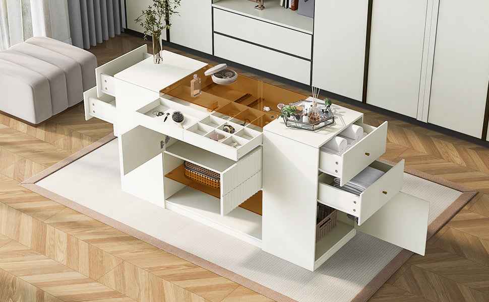 Modern Luxury Multi-Functional Island Vanity Dresser and Storage Cabinet with Glass Tabletop, Display Shelf, 6 Drawers, Cream White MDF