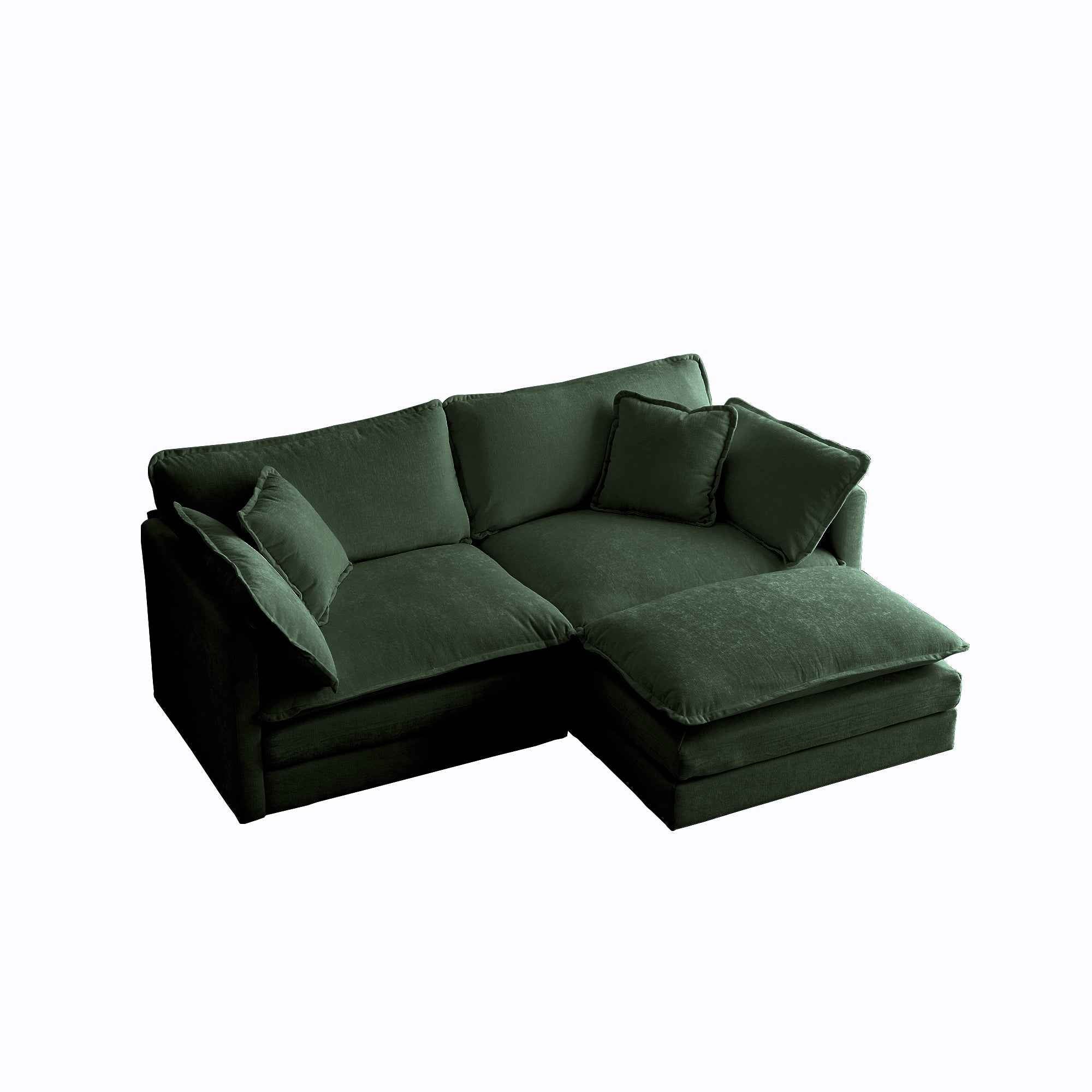 Chenille Two-Seater Sofa with 1 Footrest, 2 Seater L-Shaped Sectional with Ottoman,Loveseat with Ottoman for Small Living Space, Green Chenille